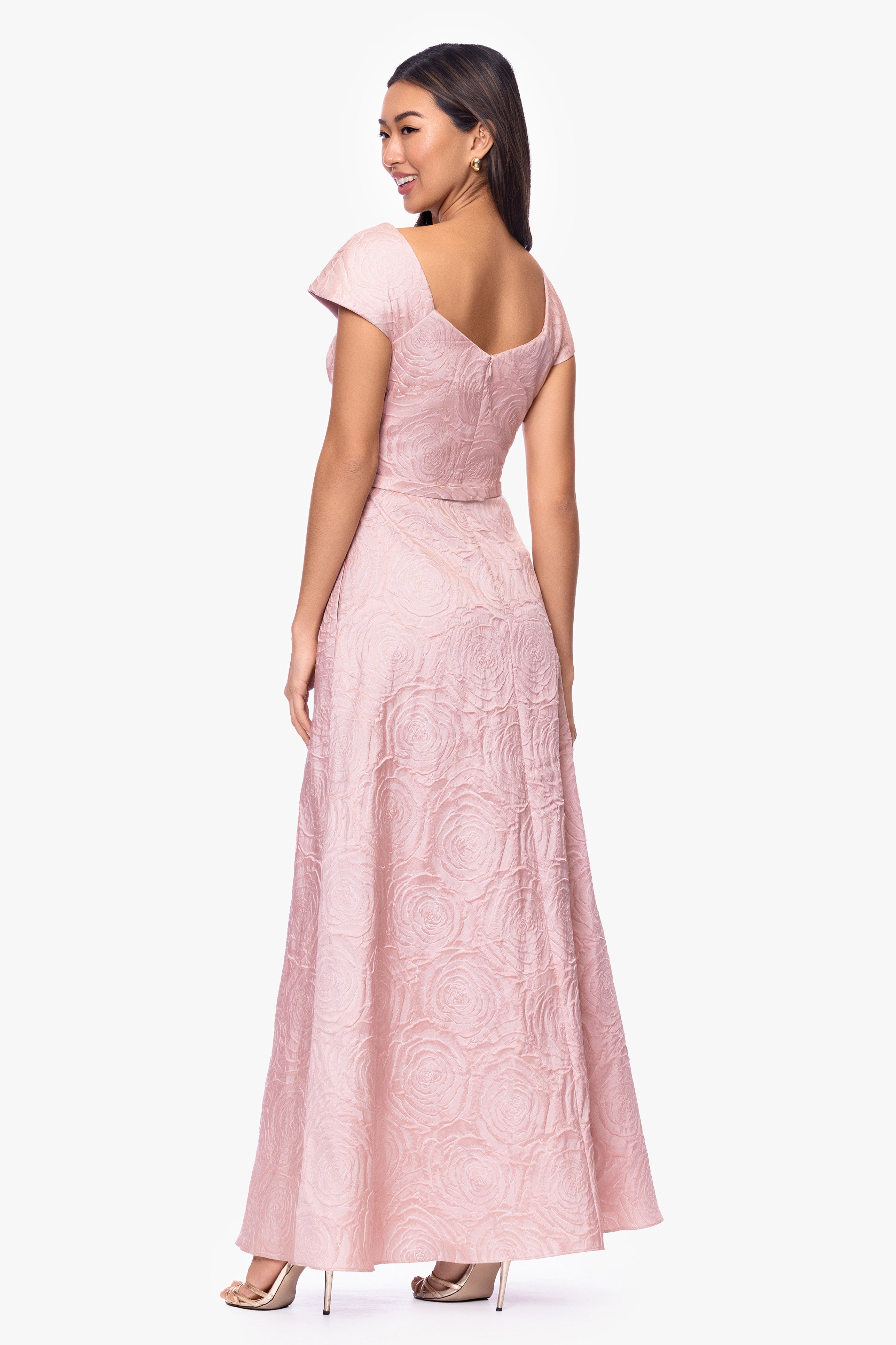 "Lorelai" Brocade Asymmetric Neck Floor Length Dress