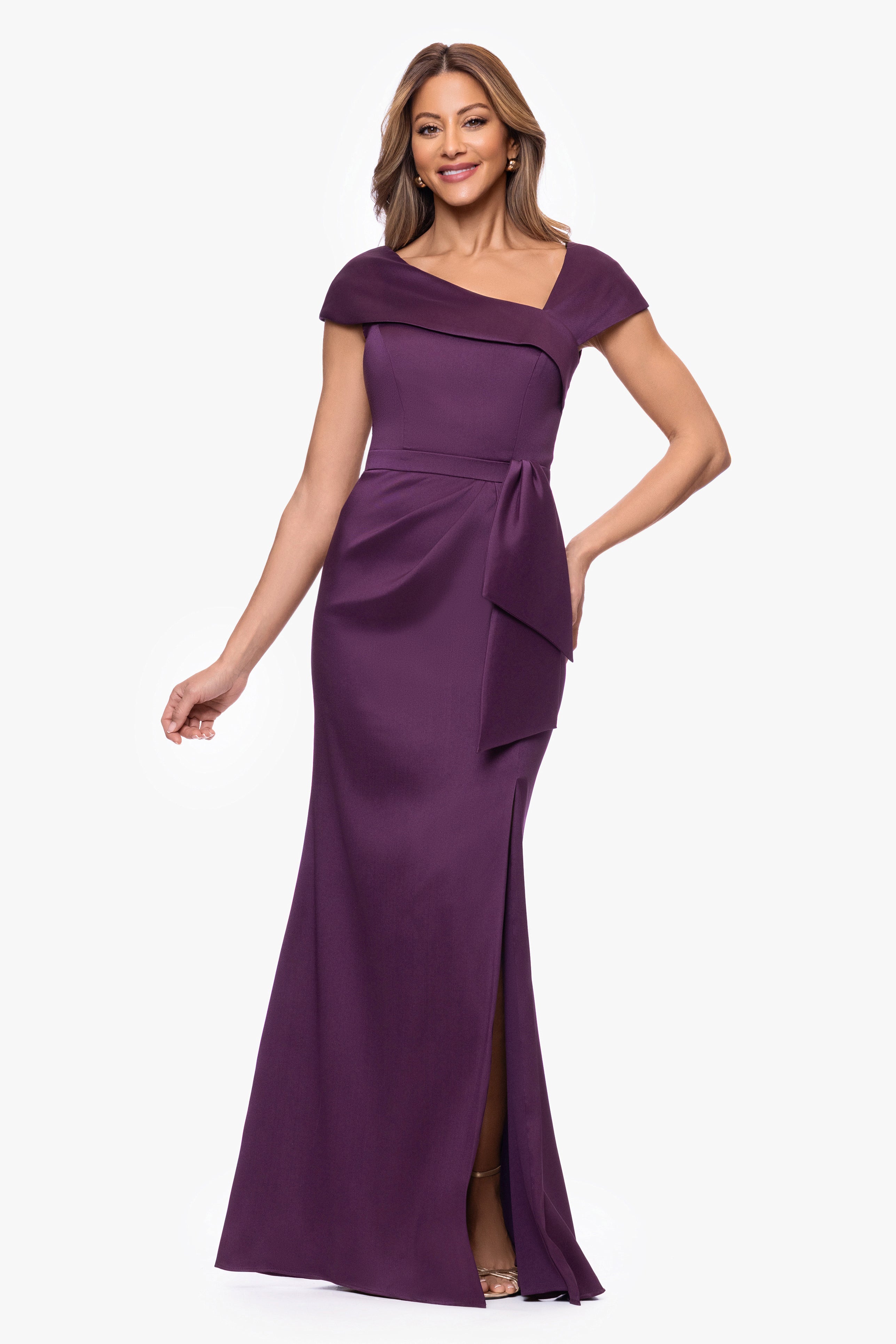 Petite "Katelyn" Stretch Mikado Asymmetrical Neckline Dress