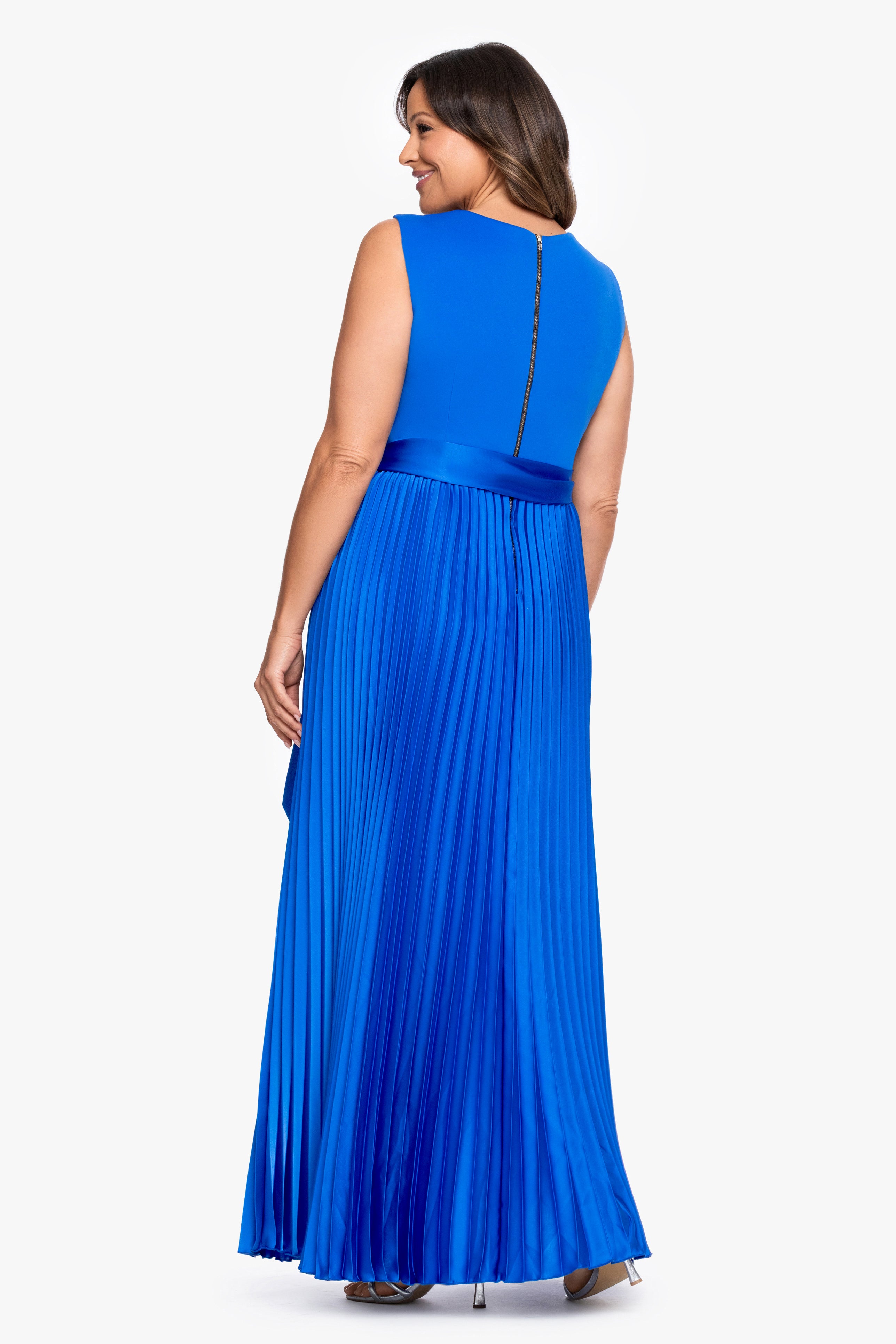 Plus "Cypress" Scuba Crepe & Satin Pleated Tie Skirt Dress