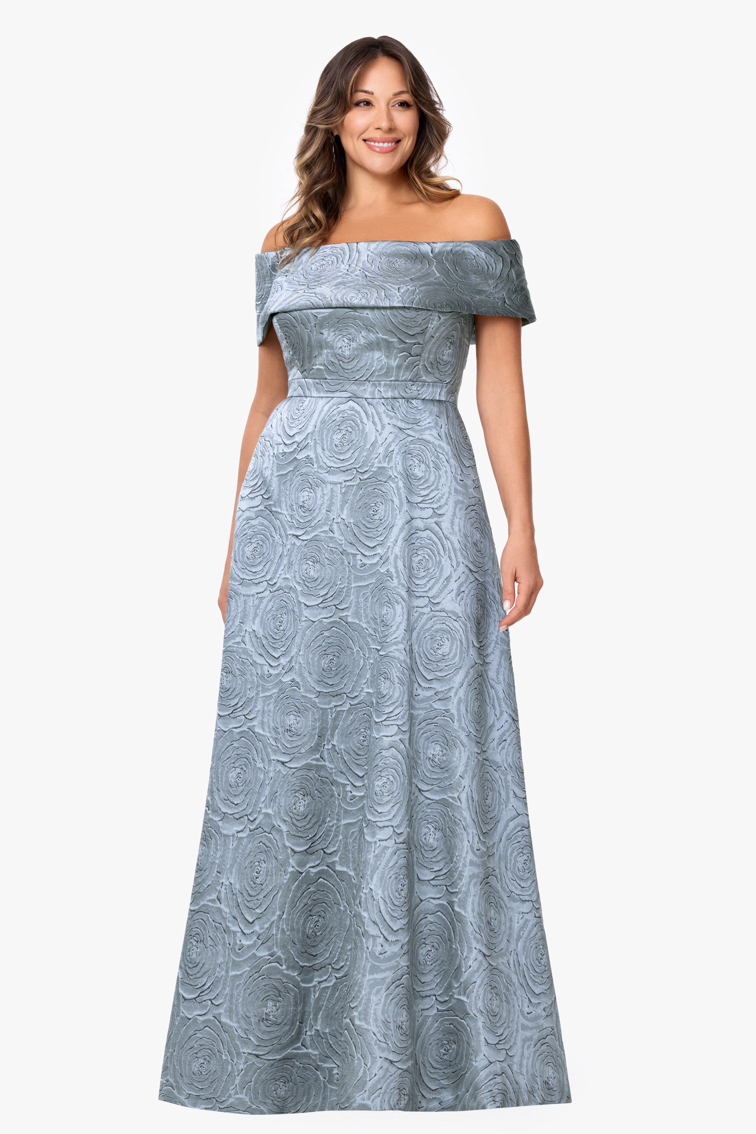 Plus "Gloria" Brocade Off The Shoulder Floor Length Dress