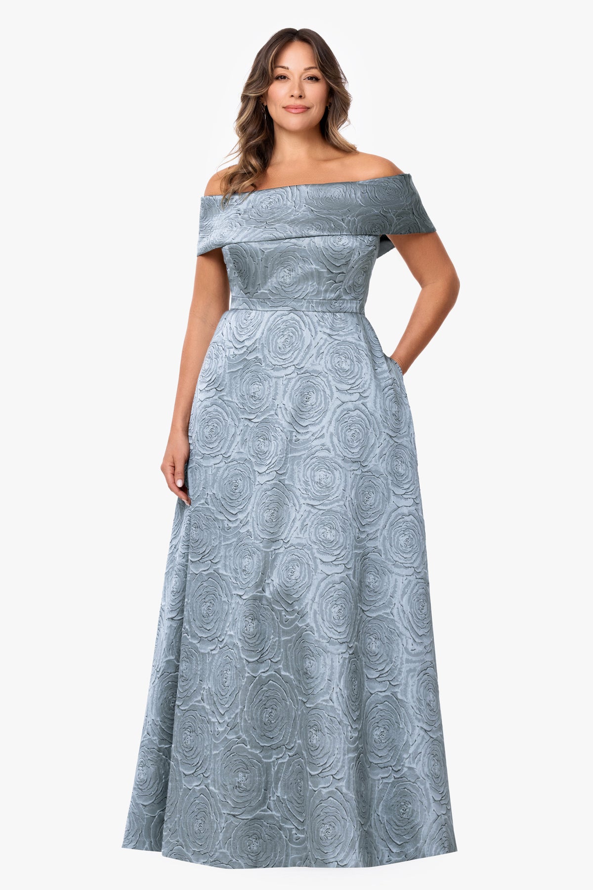 Plus "Gloria" Brocade Off Shoulder Dress