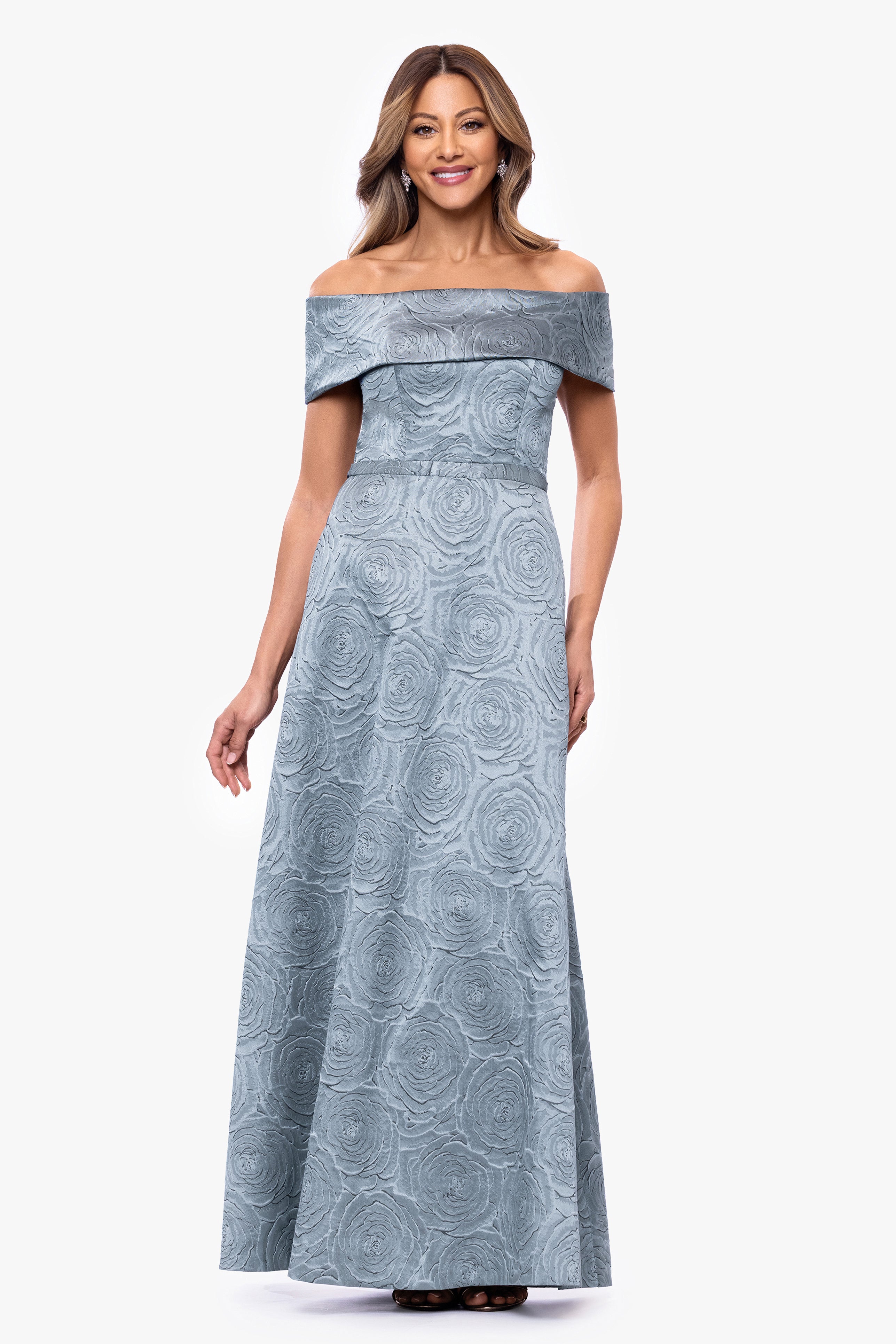 "Gloria" Brocade Off The Shoulder Floor Length Dress