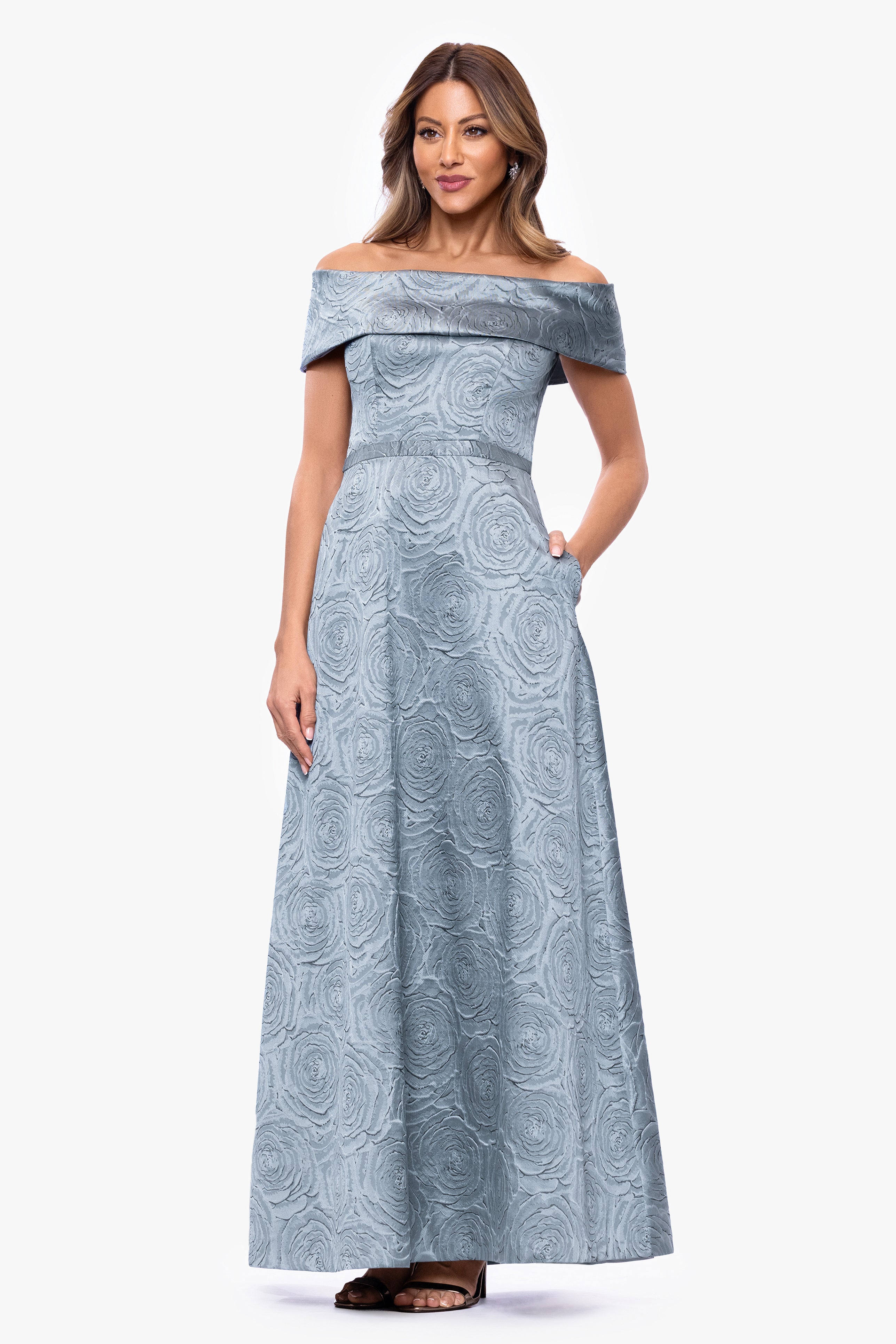 "Gloria" Brocade Off The Shoulder Floor Length Dress