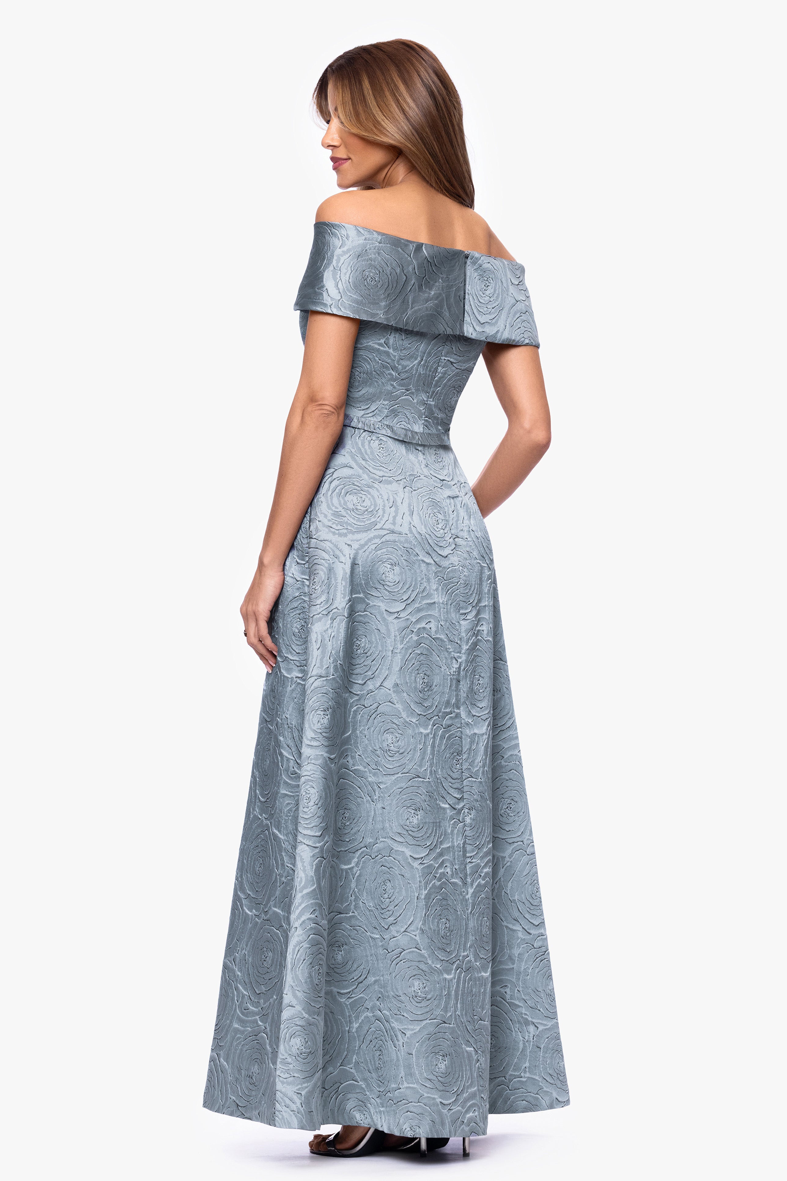"Gloria" Brocade Off The Shoulder Floor Length Dress
