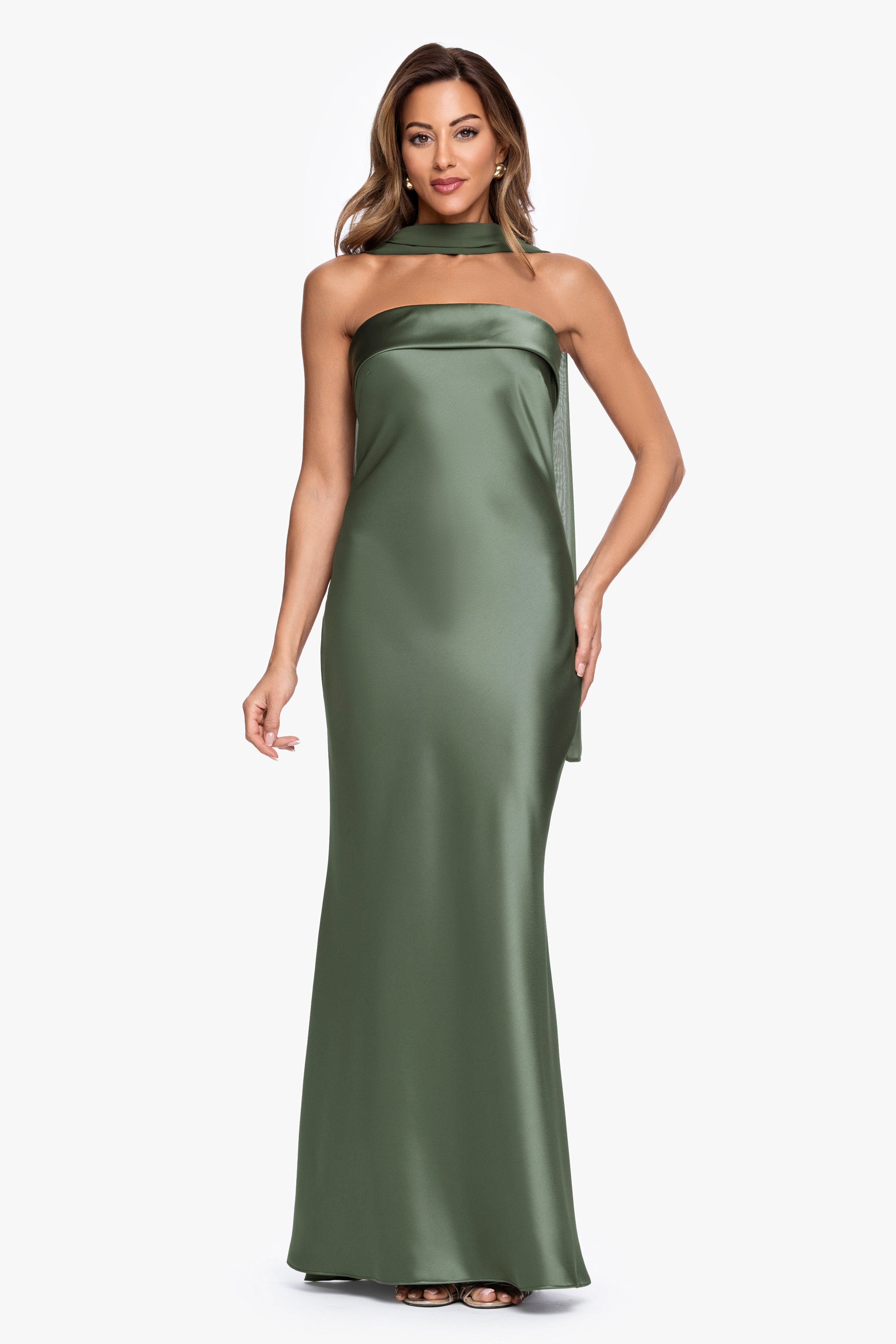 "Lila" Satin With Hammered Chiffon Scarf Dress