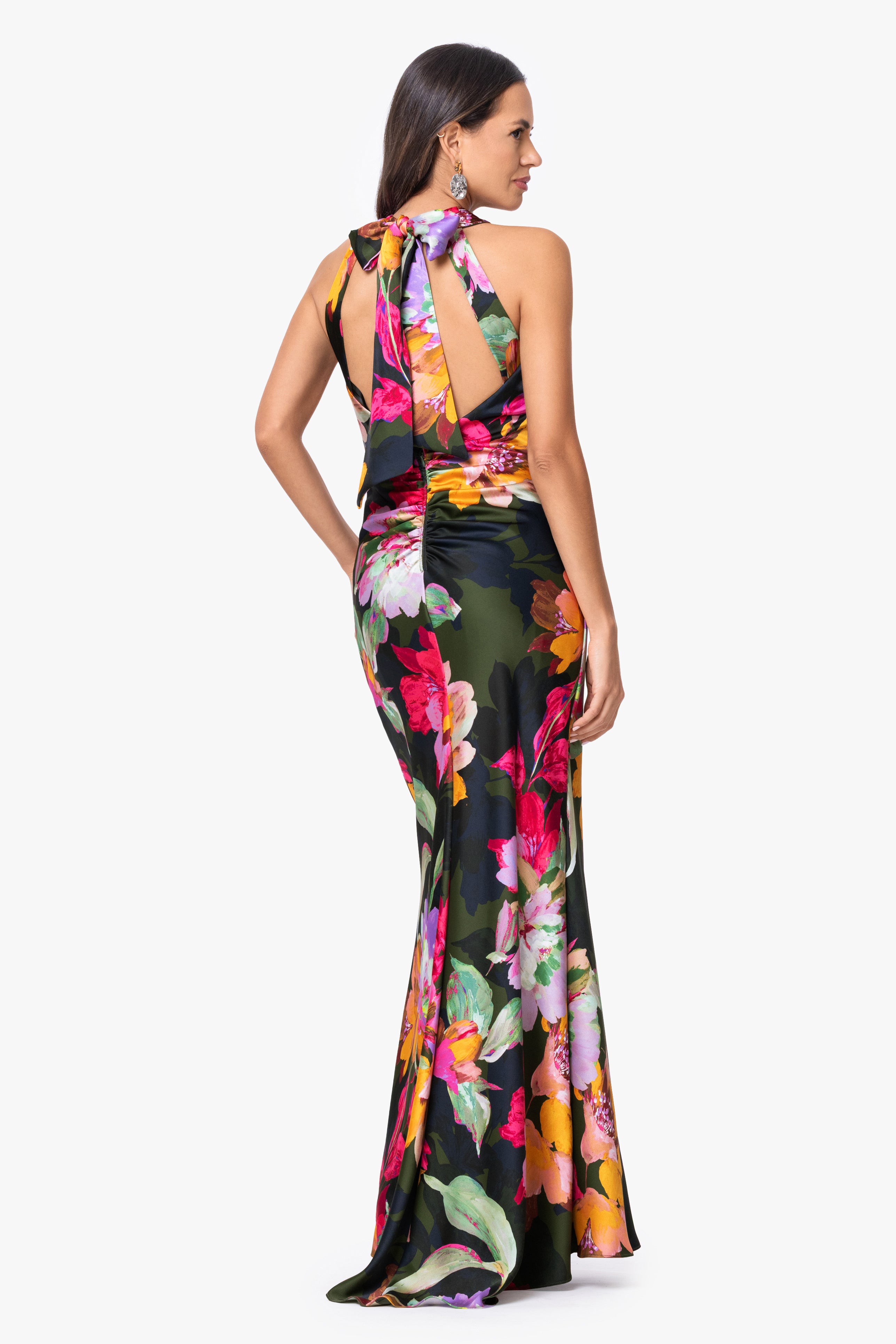 "Kristine" Printed Satin Tie Neck Dress