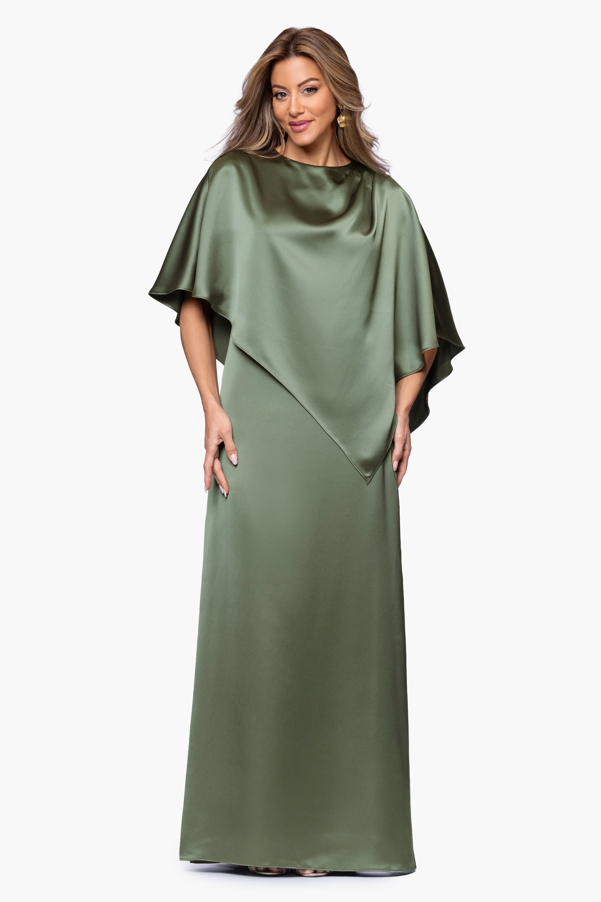 "Misty" Satin Overlay Cape Dress