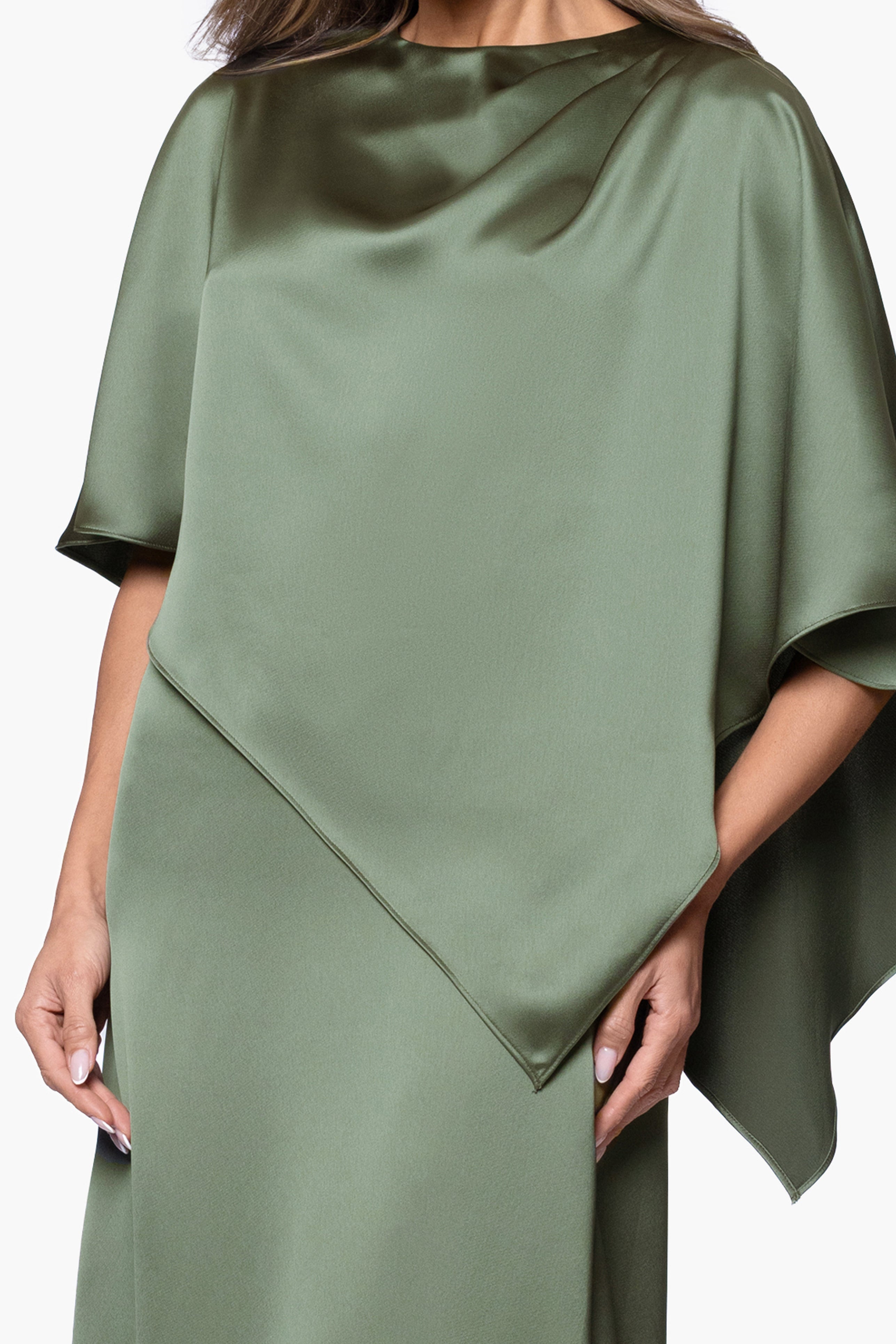 "Misty" Satin Overlay Cape Floor Length Dress