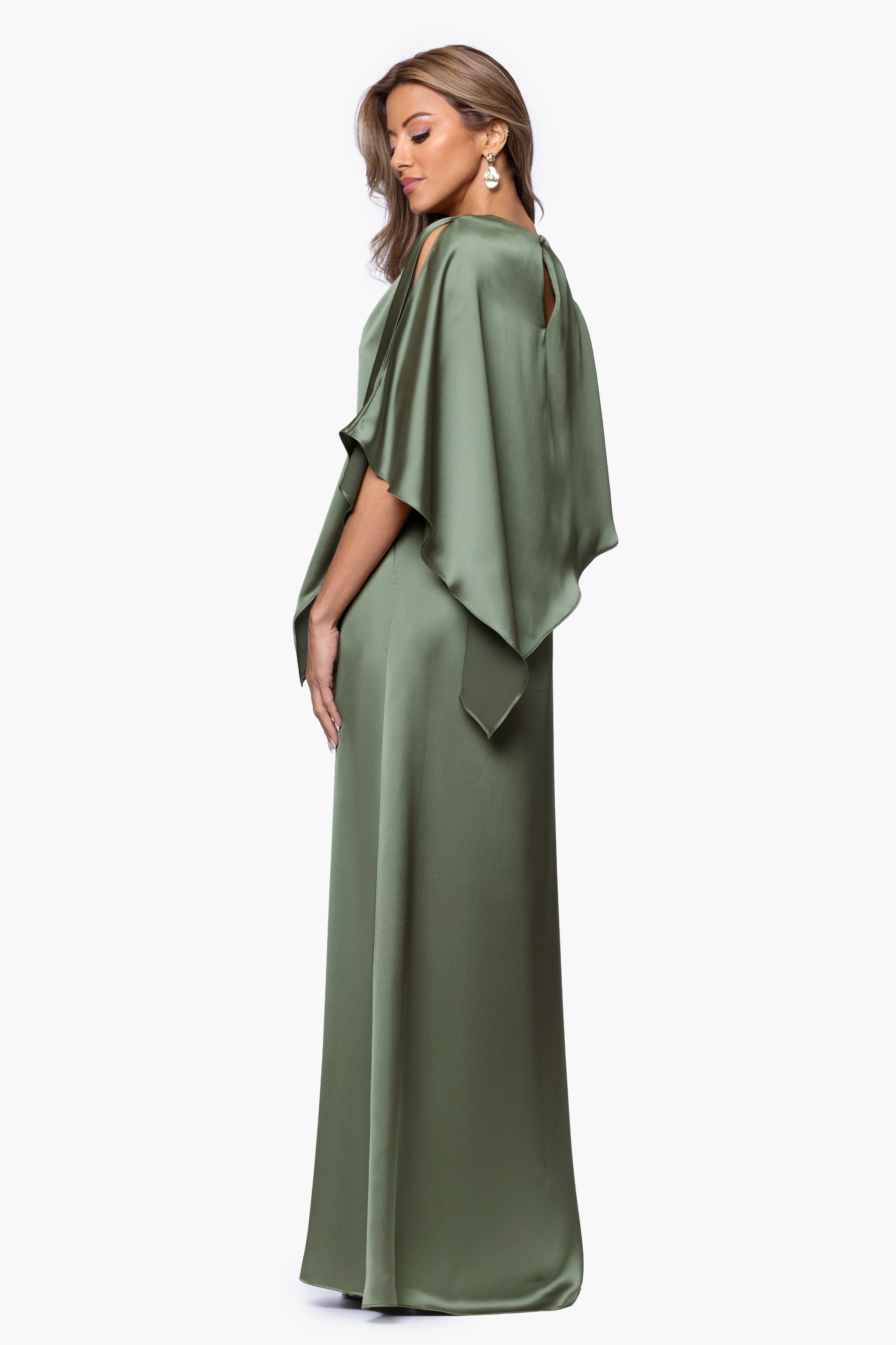 "Misty" Satin Overlay Cape Floor Length Dress