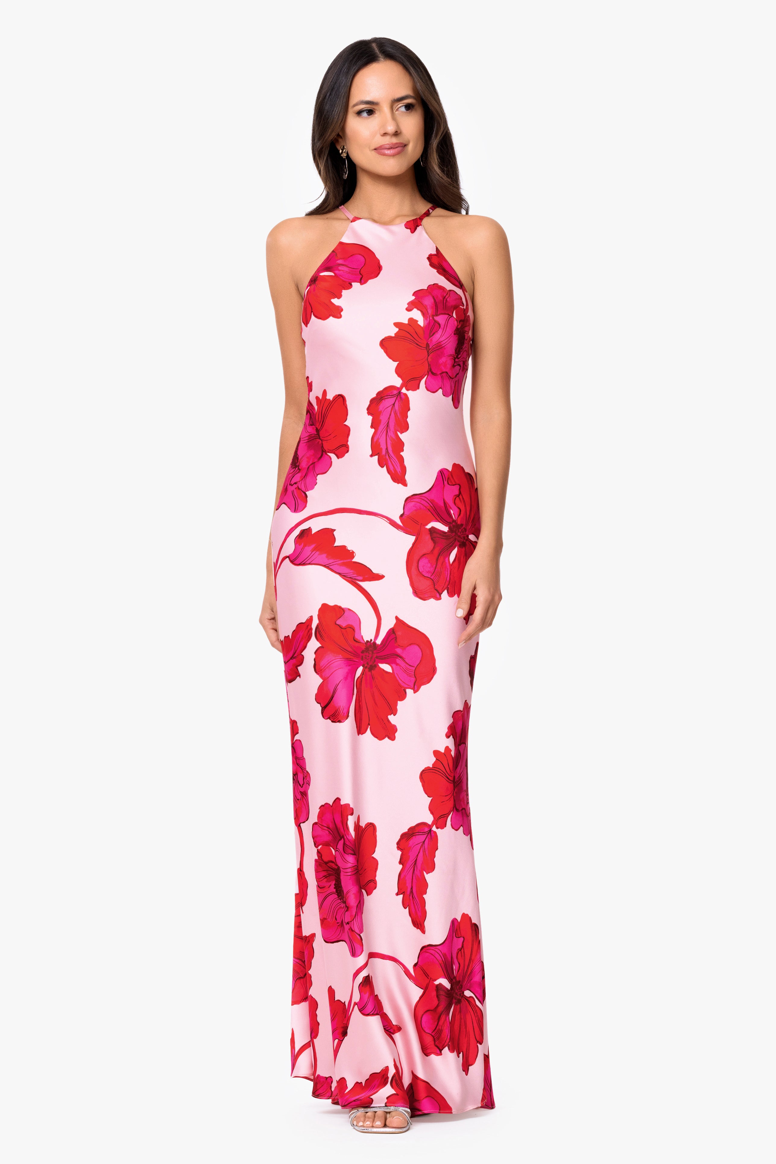 "Sienna" Printed Satin Tie Neck Long Dress