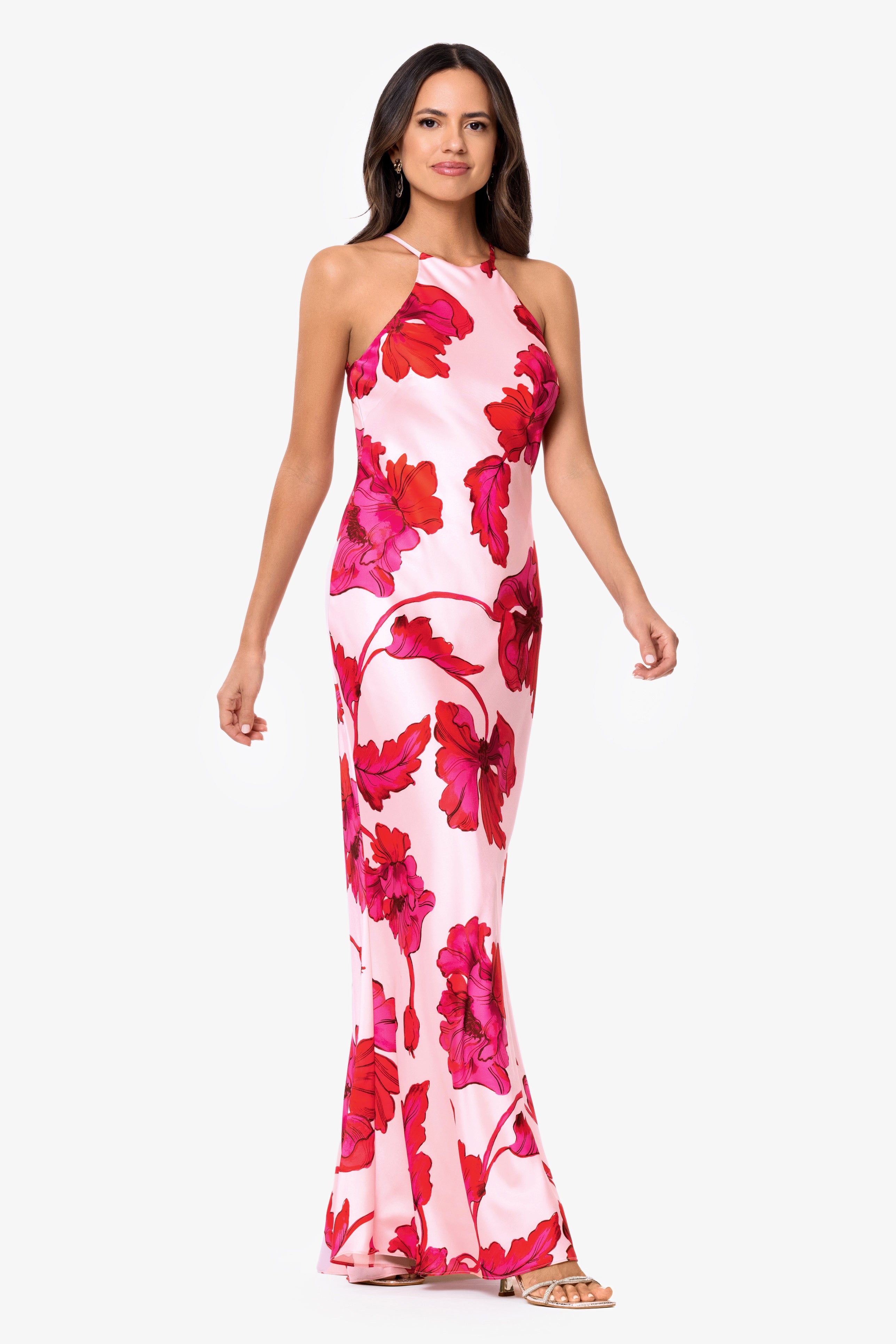 "Sienna" Printed Satin Tie Neck Long Dress