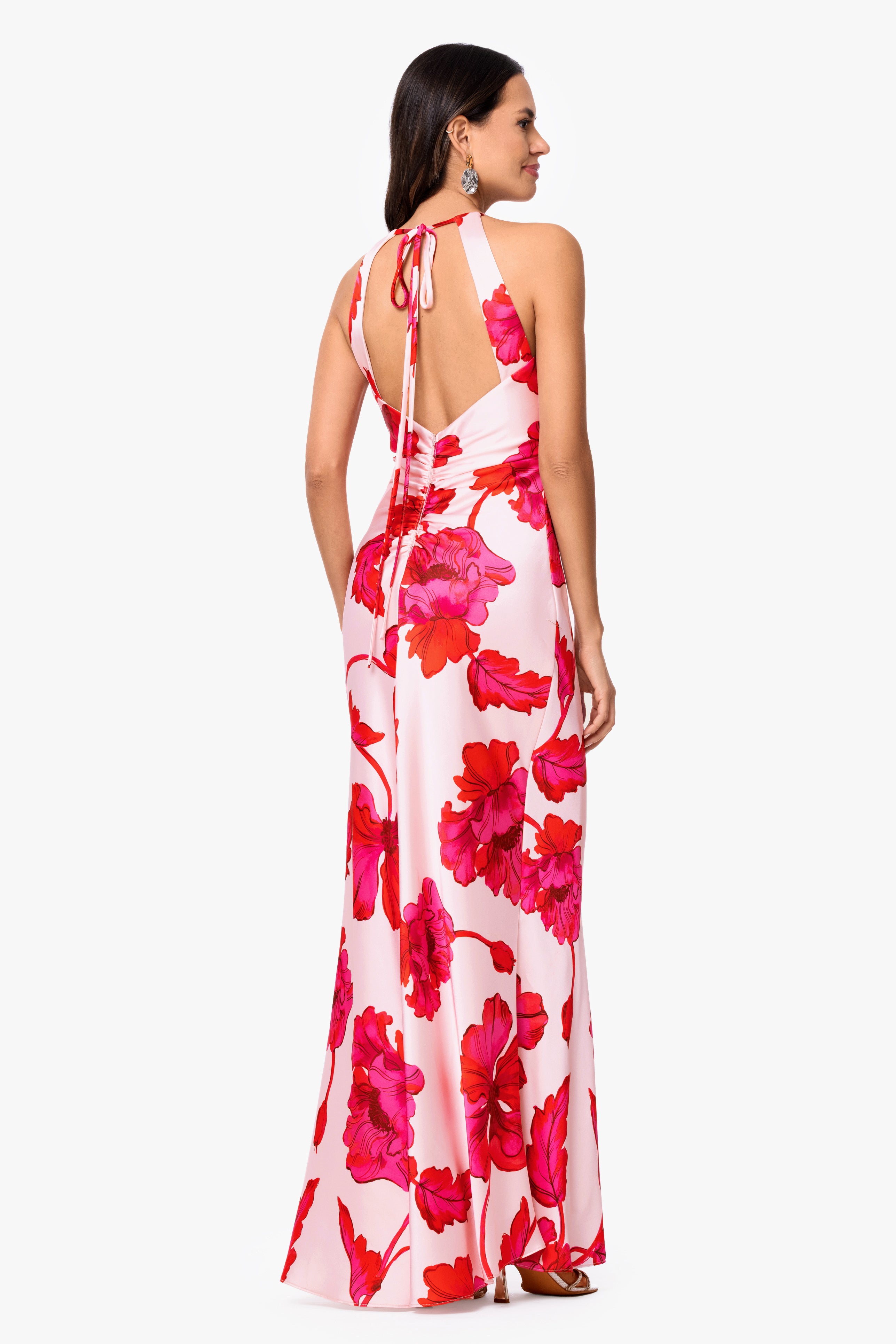"Sienna" Printed Satin Tie Neck Long Dress