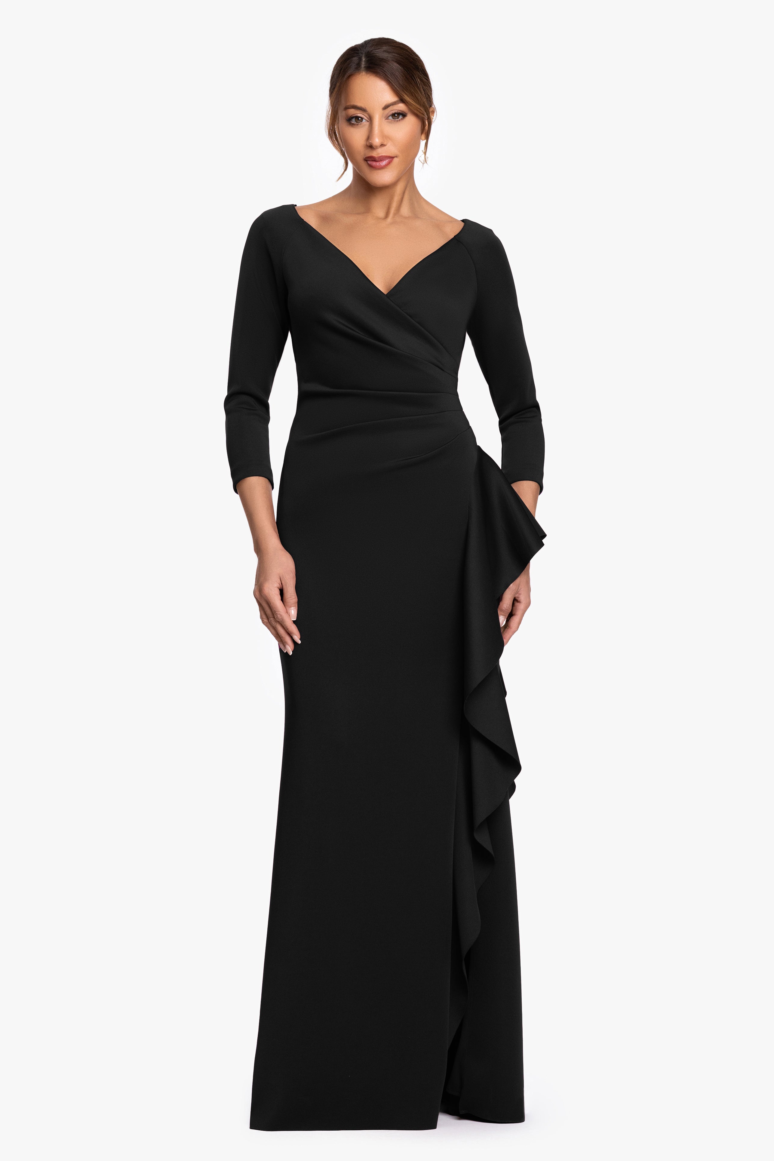 "Clarissa" Techno Scuba Long Sleeve Ruffle Dress
