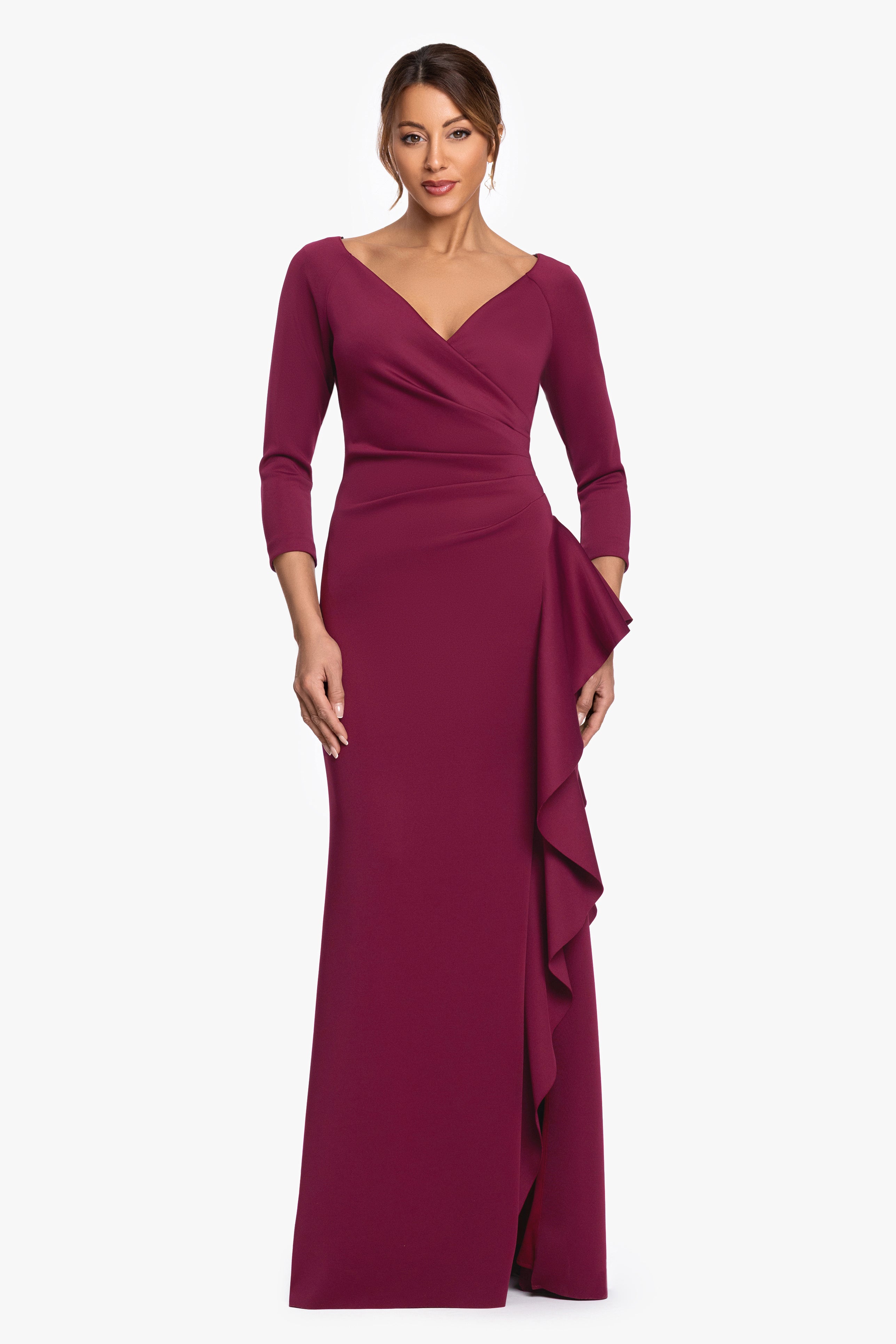 Petite "Clarissa" Techno Scuba Long Sleeve Ruffle Dress
