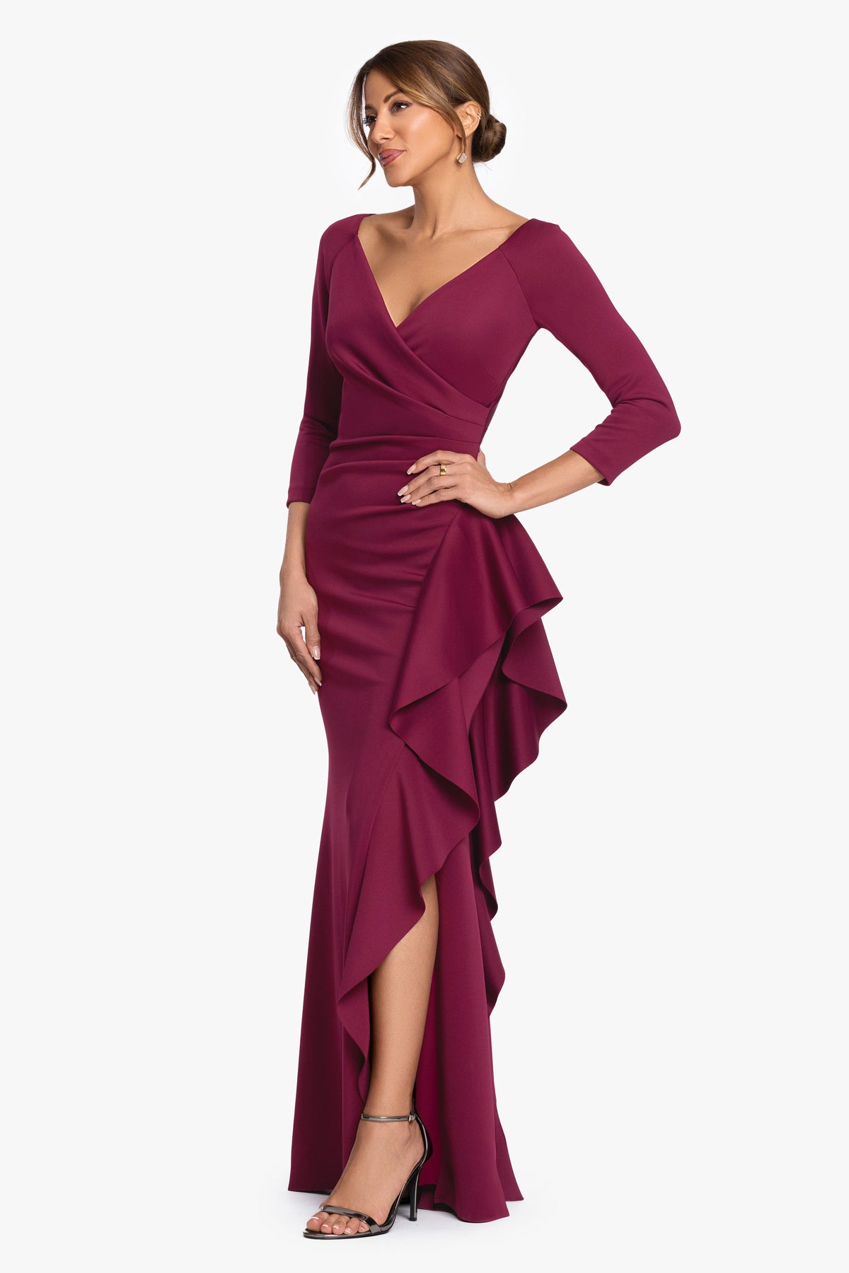 Petite "Clarissa" Techno Scuba Long Sleeve Ruffle Dress