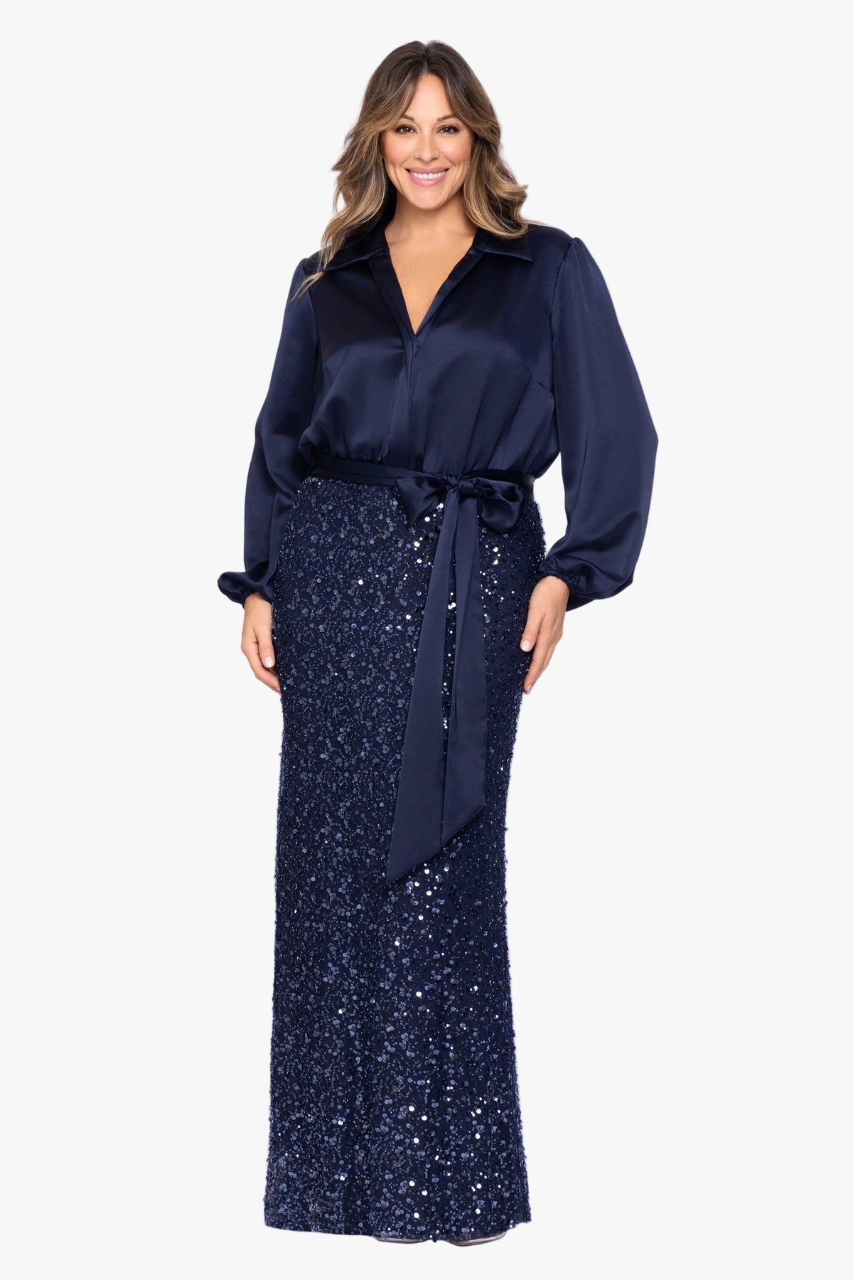 Plus "Cara" Satin & Sequin Combo Long Sleeve Dress