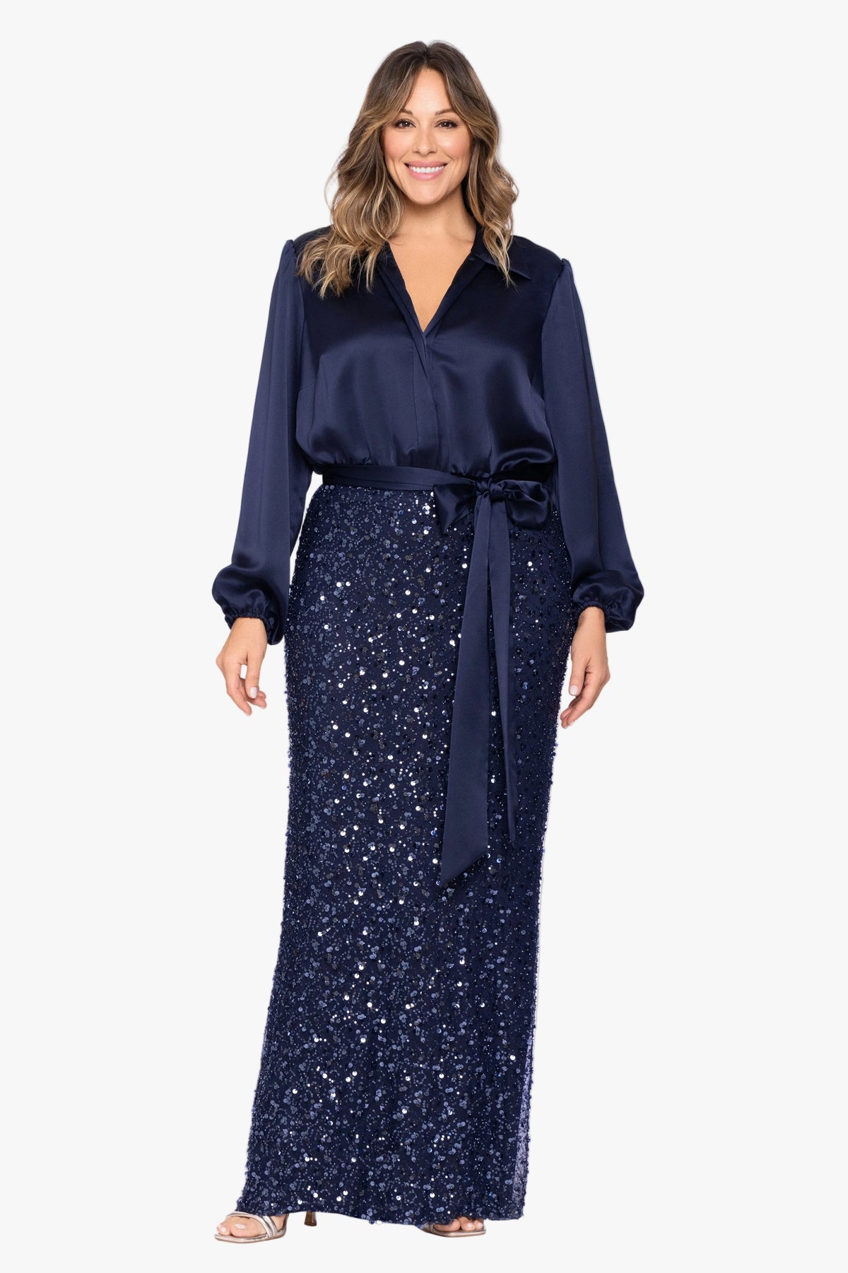Plus "Cara" Satin & Sequin Combo Long Sleeve Dress