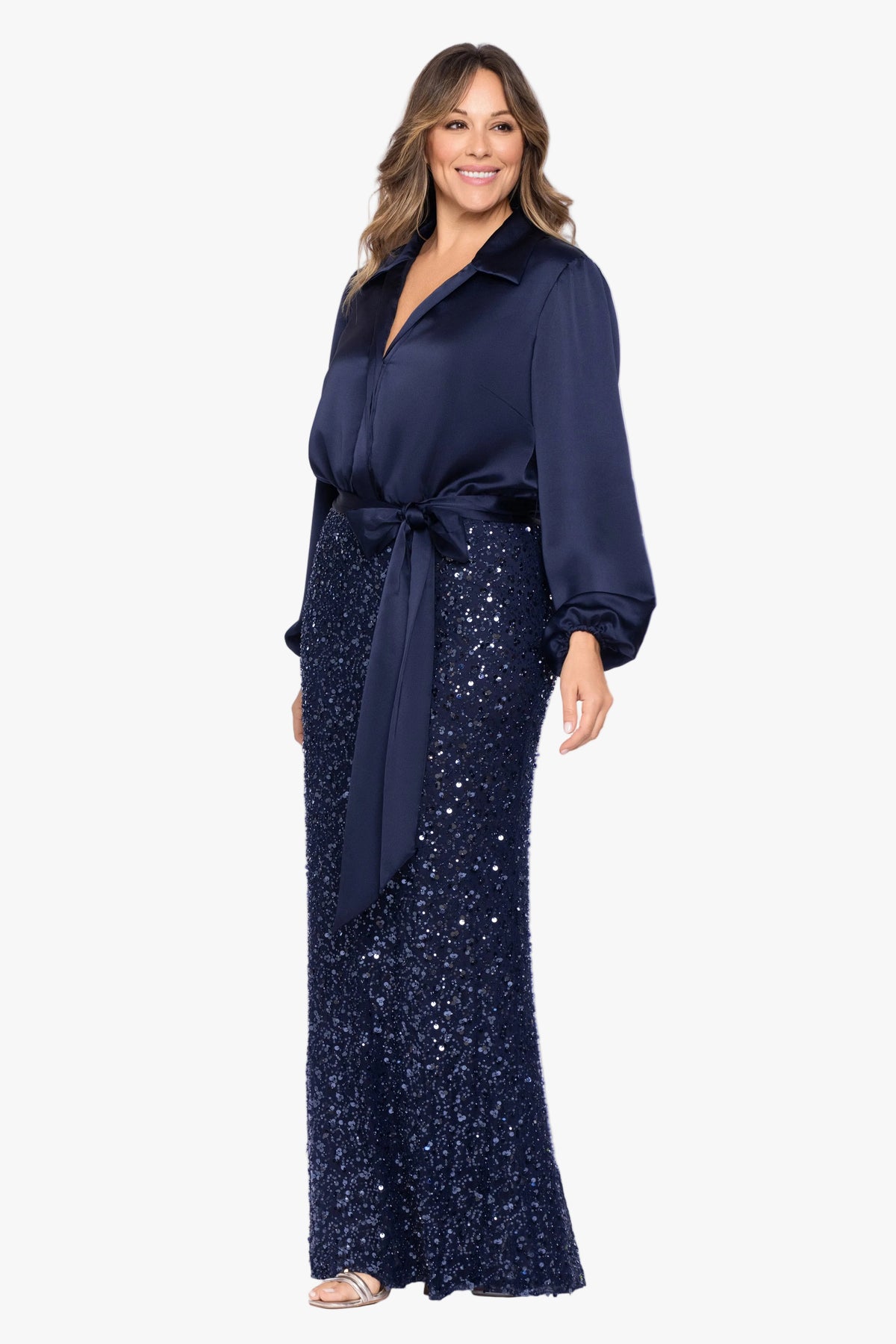 Plus "Cara" Satin & Sequin Combo Long Sleeve Dress