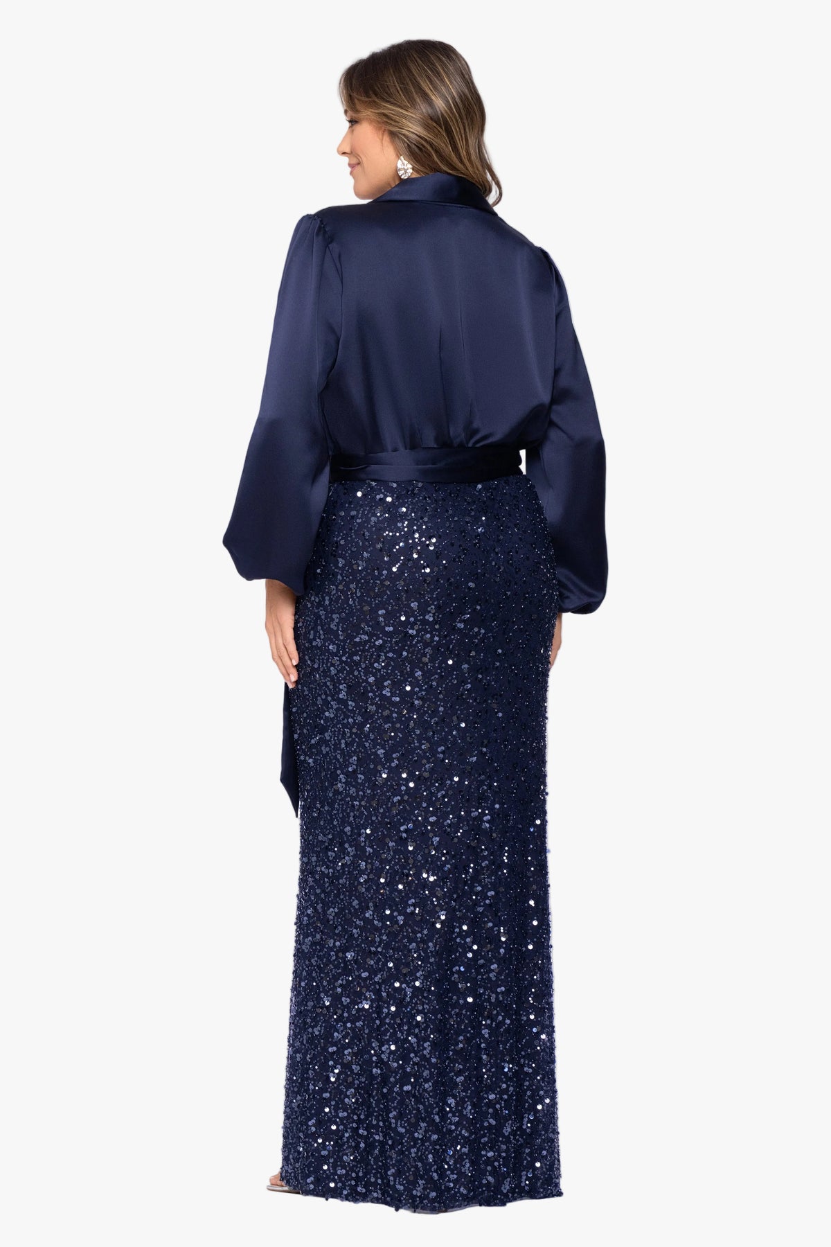 Plus "Cara" Satin & Sequin Combo Long Sleeve Dress
