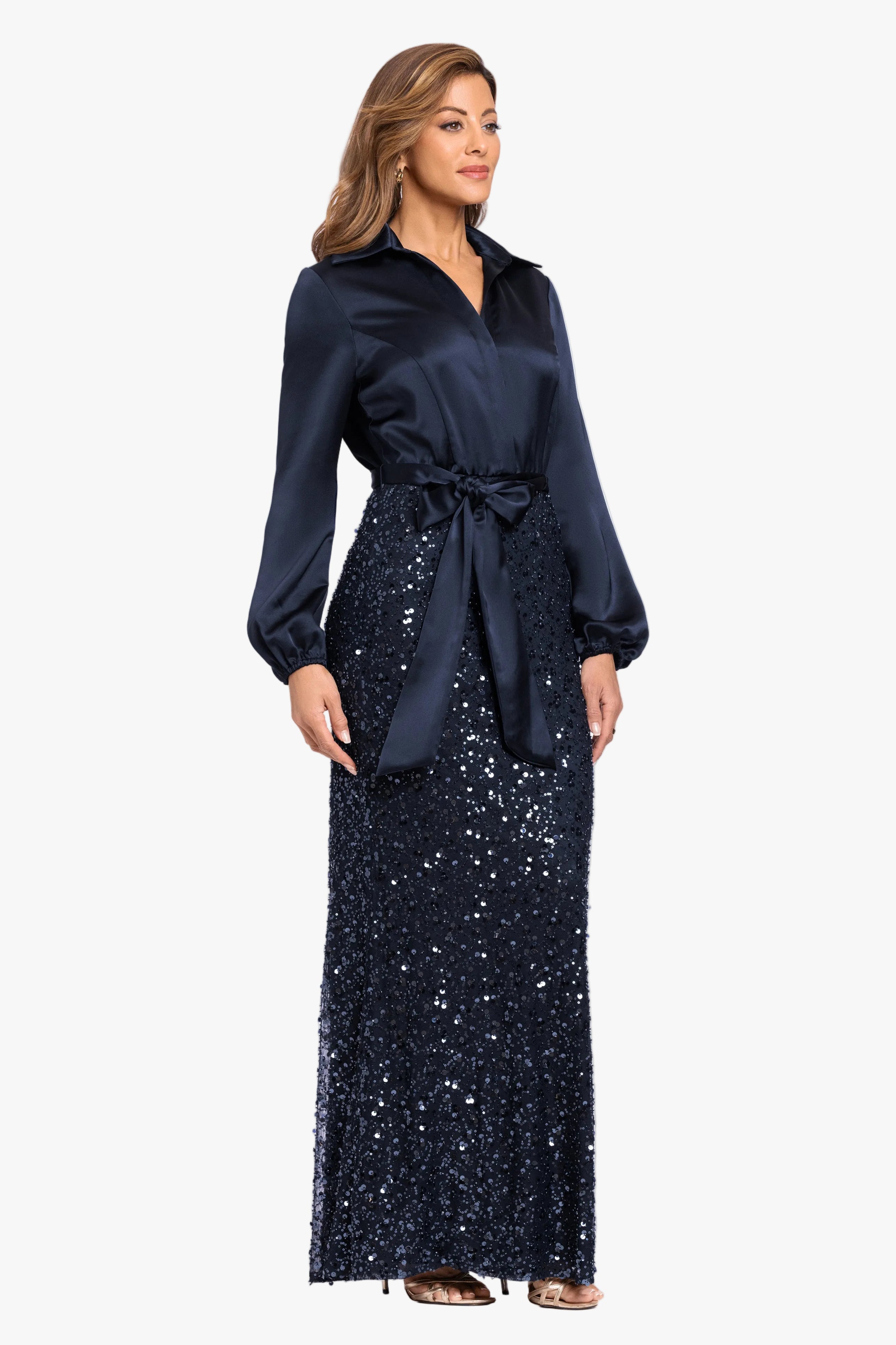 "Cara" Satin & Sequin Combo Long Sleeve Dress