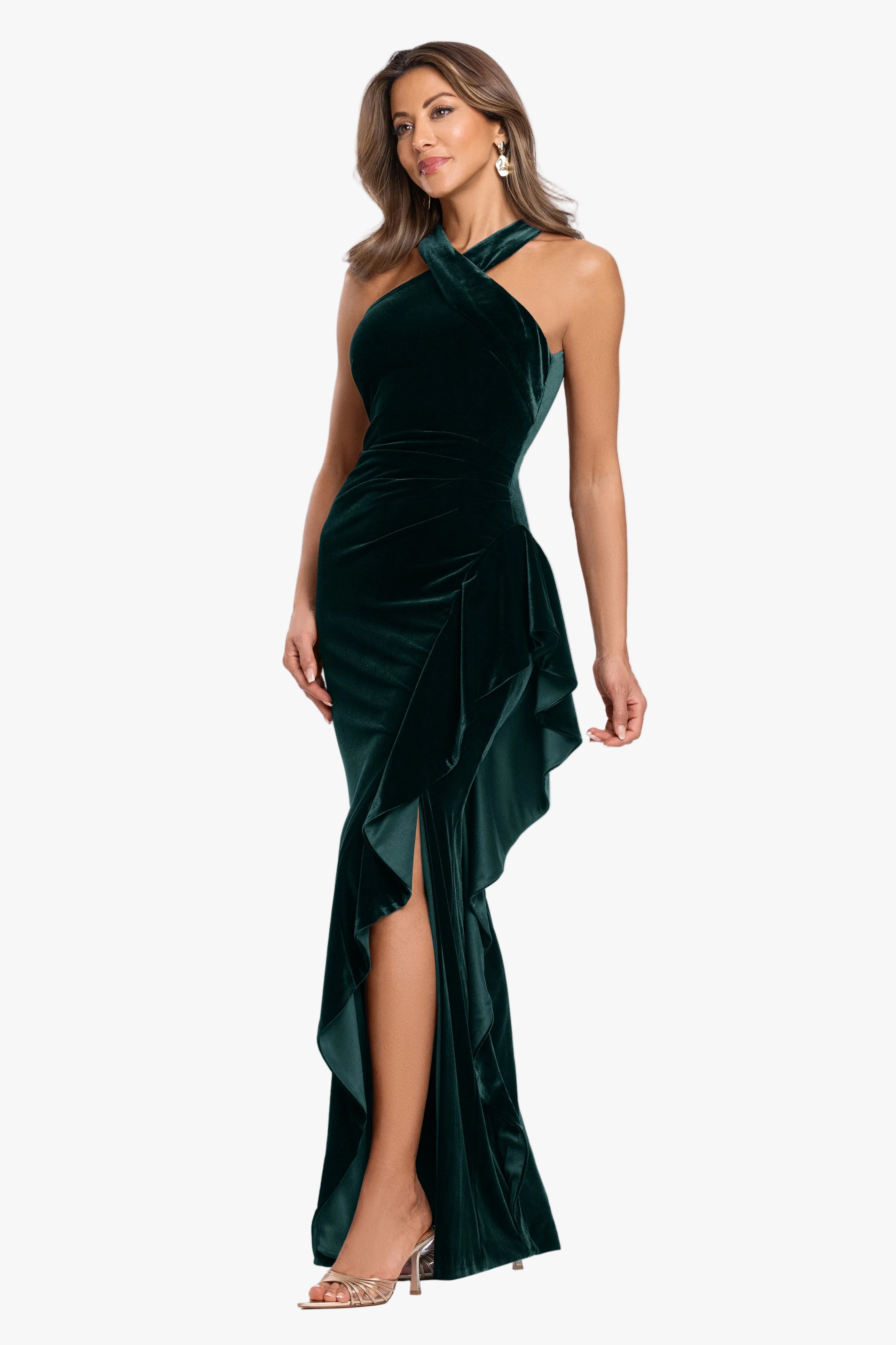"Connie" Velvet Cross Neck Side Ruffle Dress