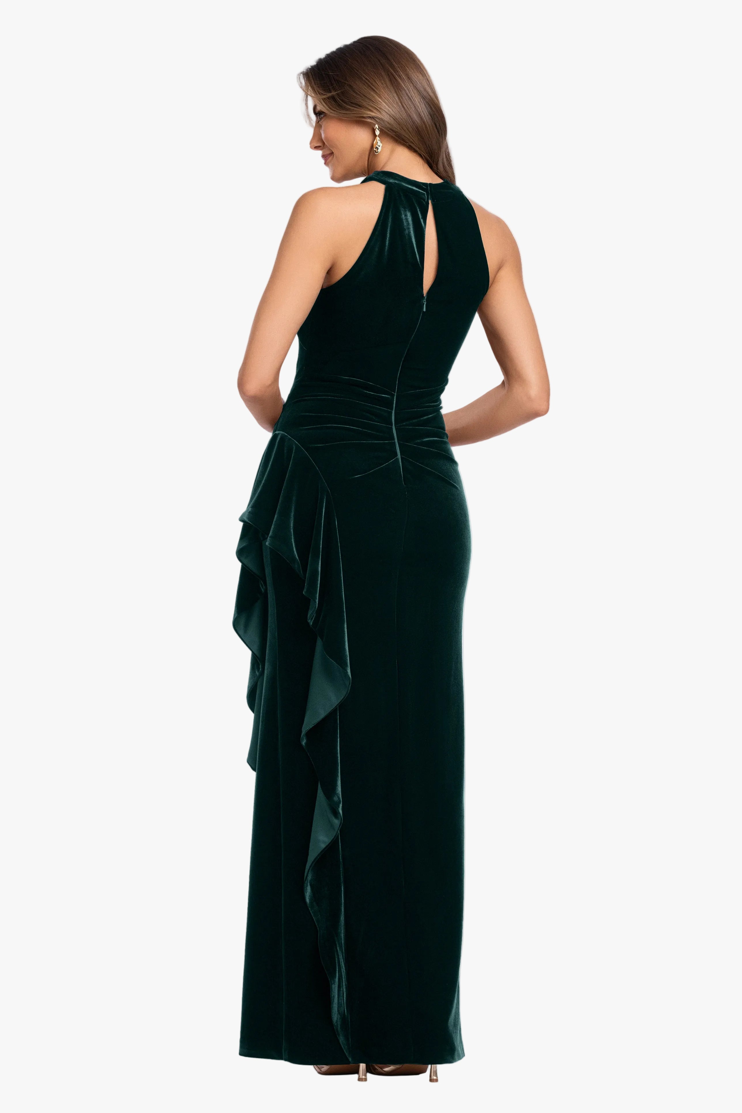 "Connie" Velvet Cross Neck Side Ruffle Dress