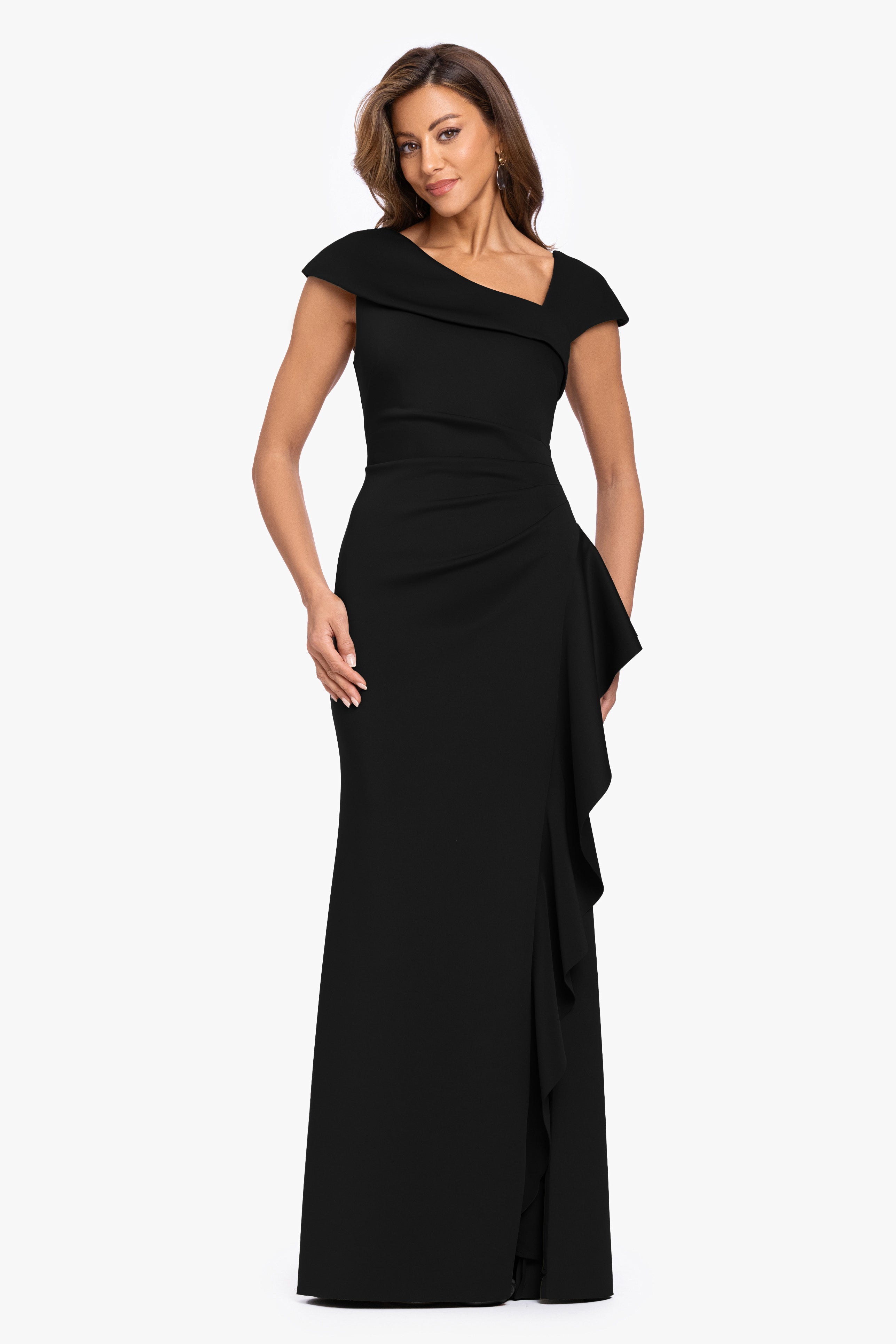 Petite "Rory" Techno Scuba Asymmetrical Side Ruffle Dress