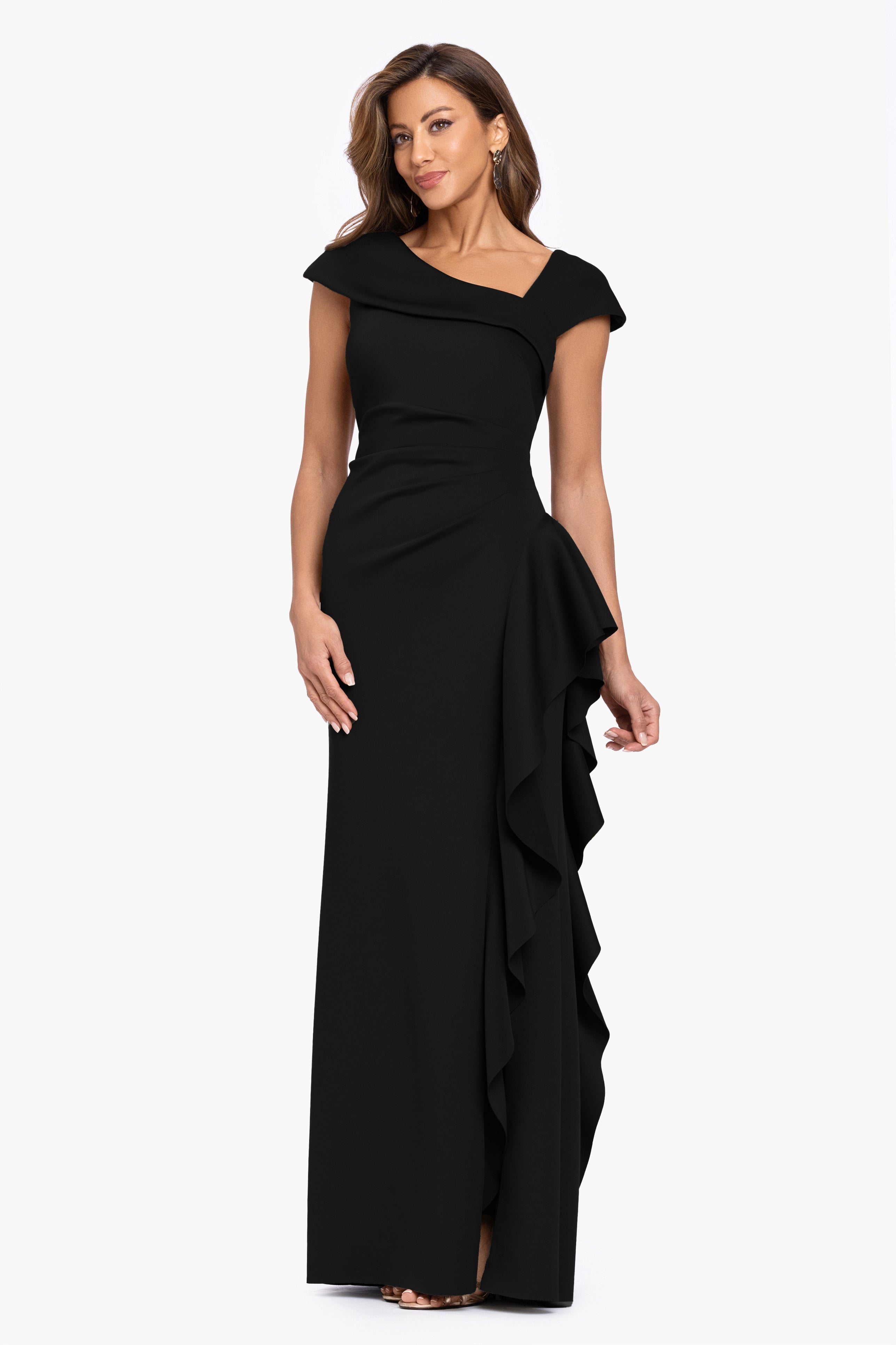 Petite "Rory" Techno Scuba Asymmetrical Side Ruffle Dress