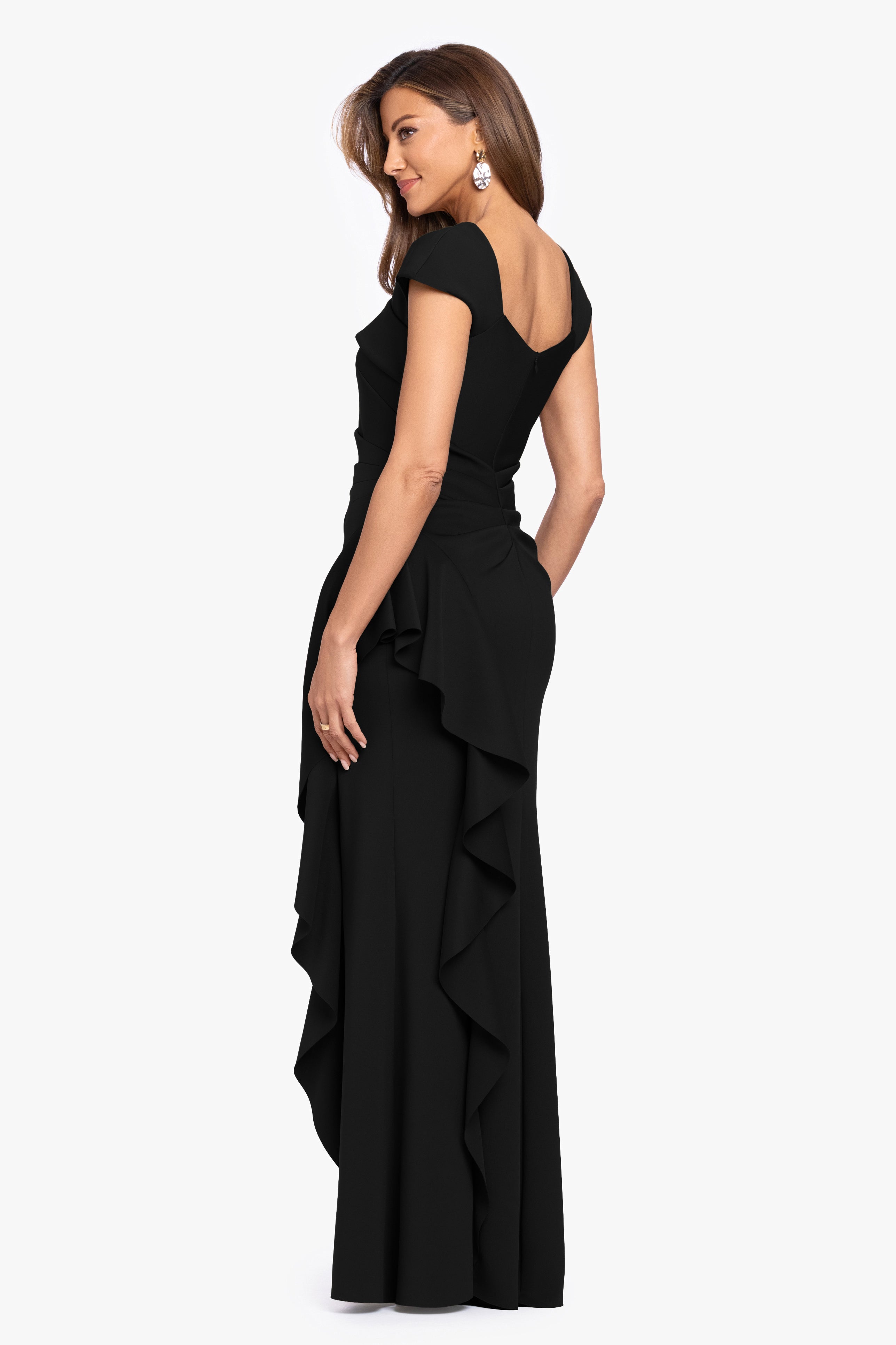 Petite "Rory" Techno Scuba Asymmetrical Side Ruffle Dress