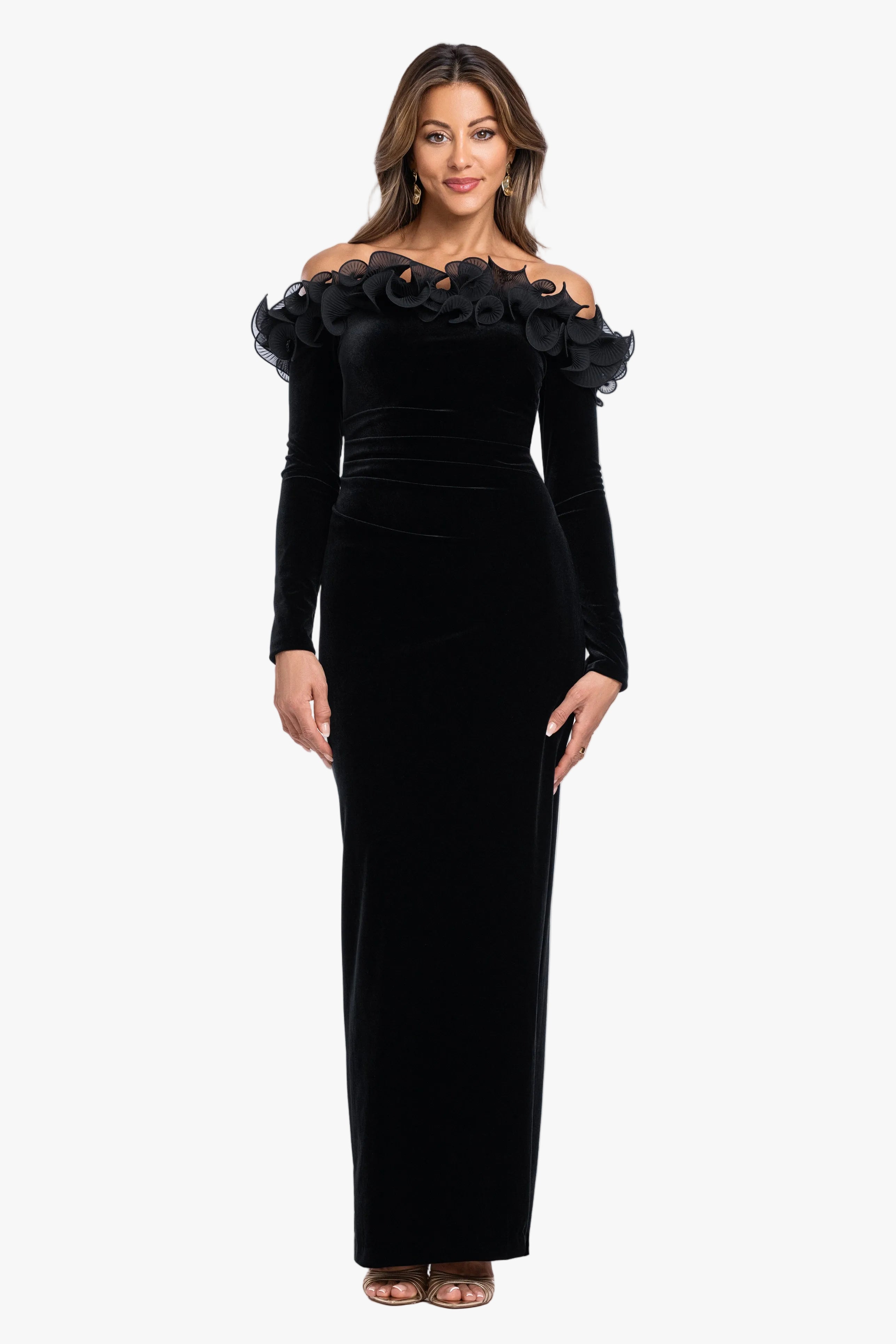 "Brennan" Velvet Long Sleeve Off Shoulder Ruffle Dress