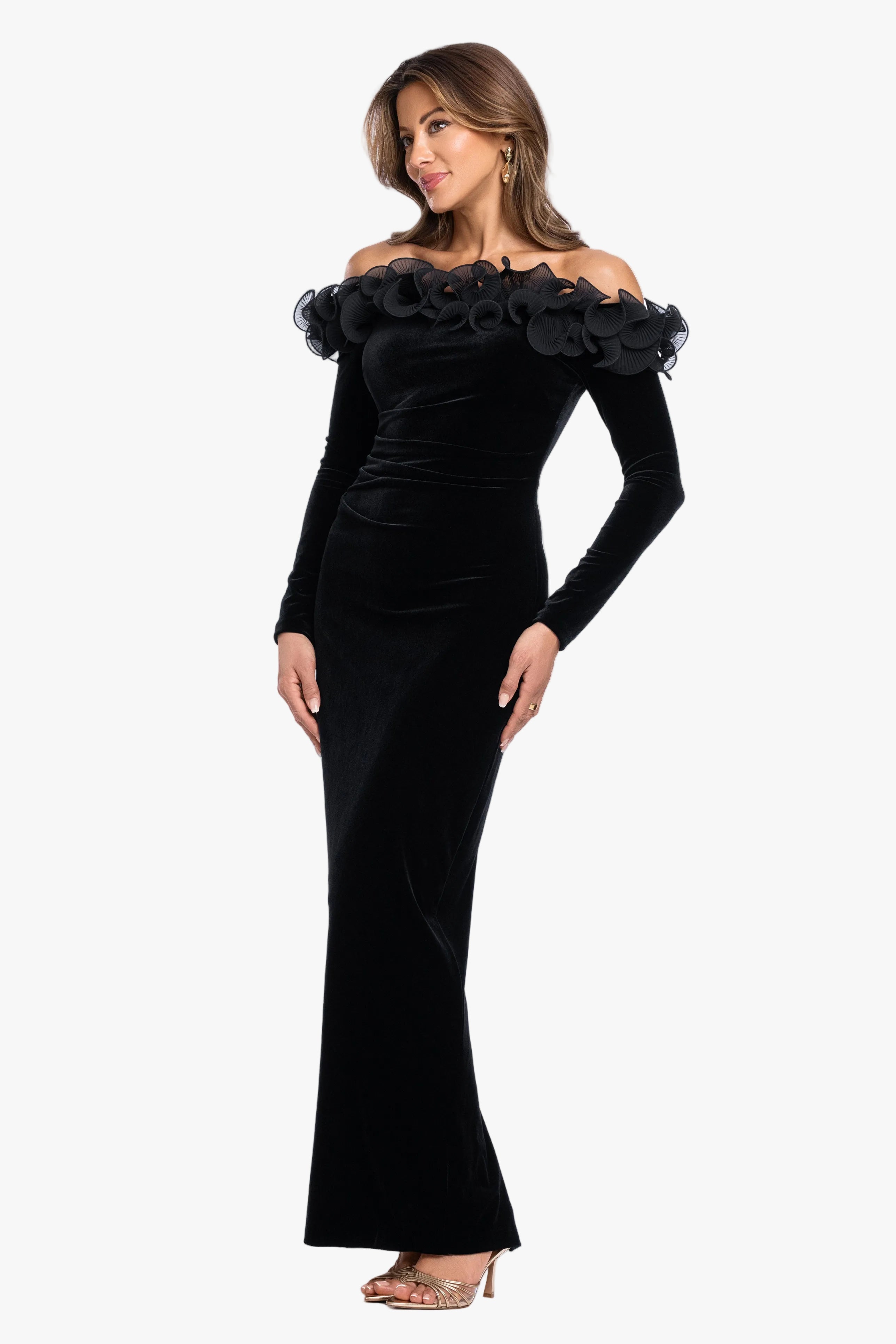 "Brennan" Velvet Long Sleeve Off Shoulder Ruffle Dress