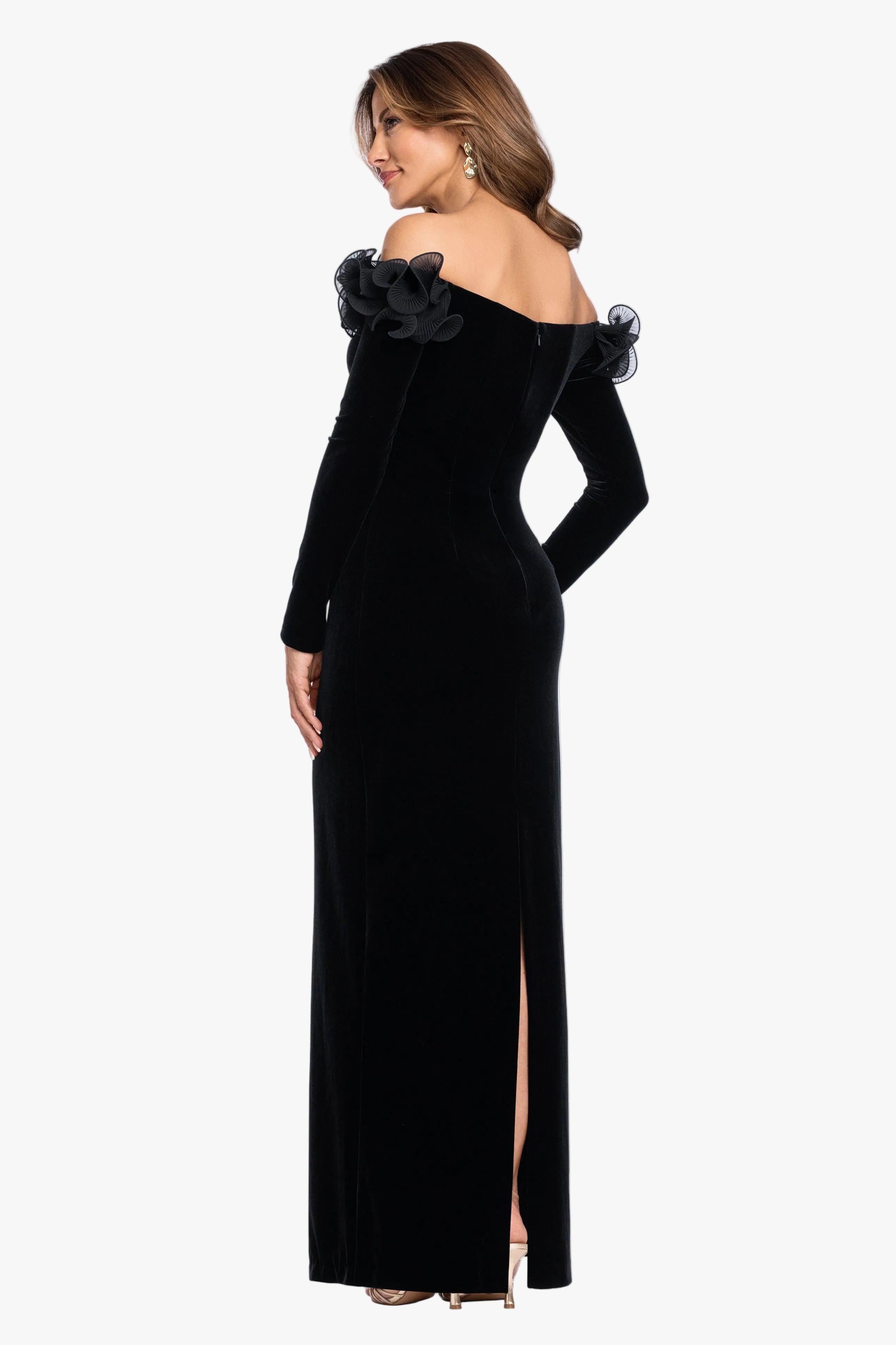 "Brennan" Velvet Long Sleeve Off Shoulder Ruffle Dress