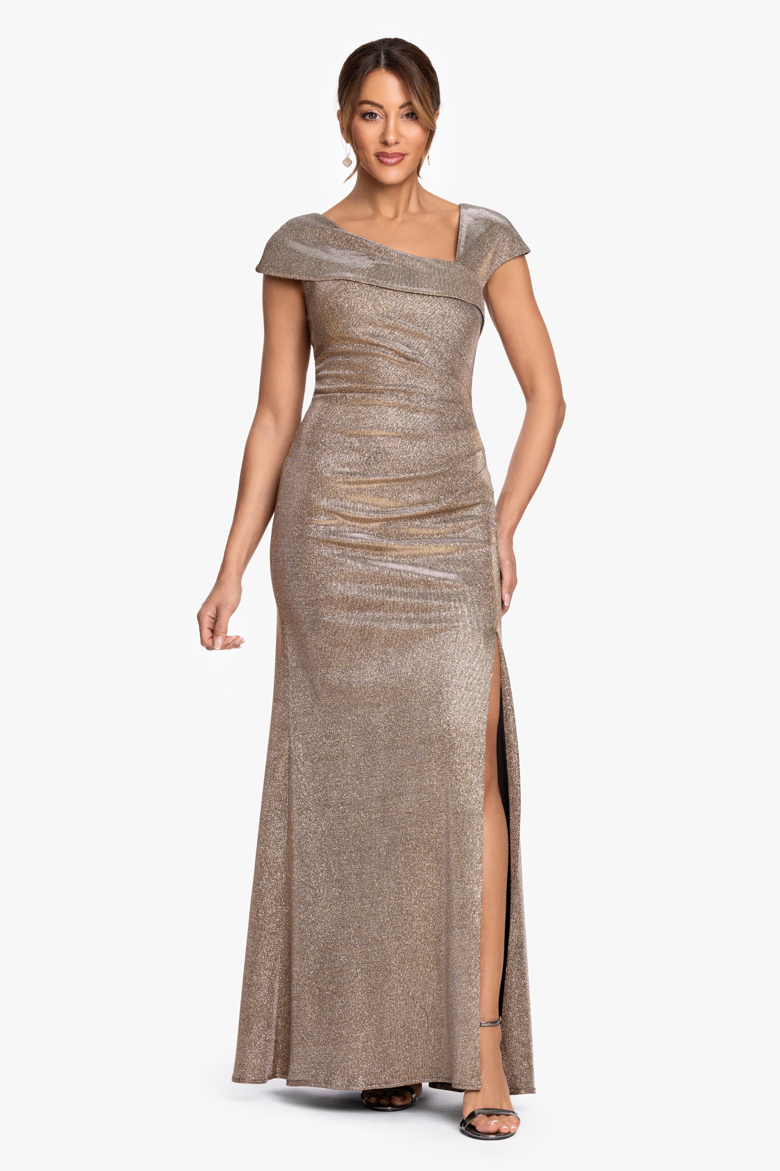 "Angelina" Glitter Metallic Asymmetrical Neckline Dress