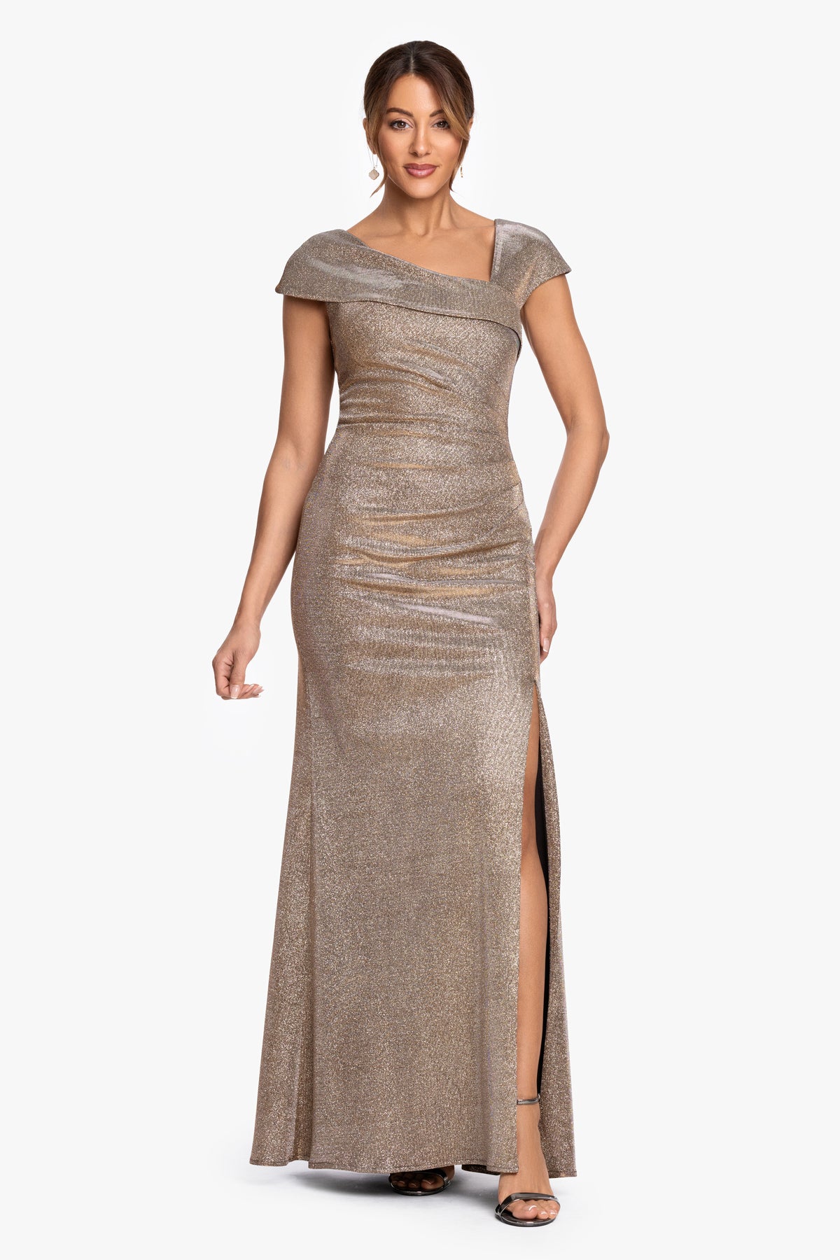 Petite "Angelina" Glitter Asymmetrical Neckline Dress