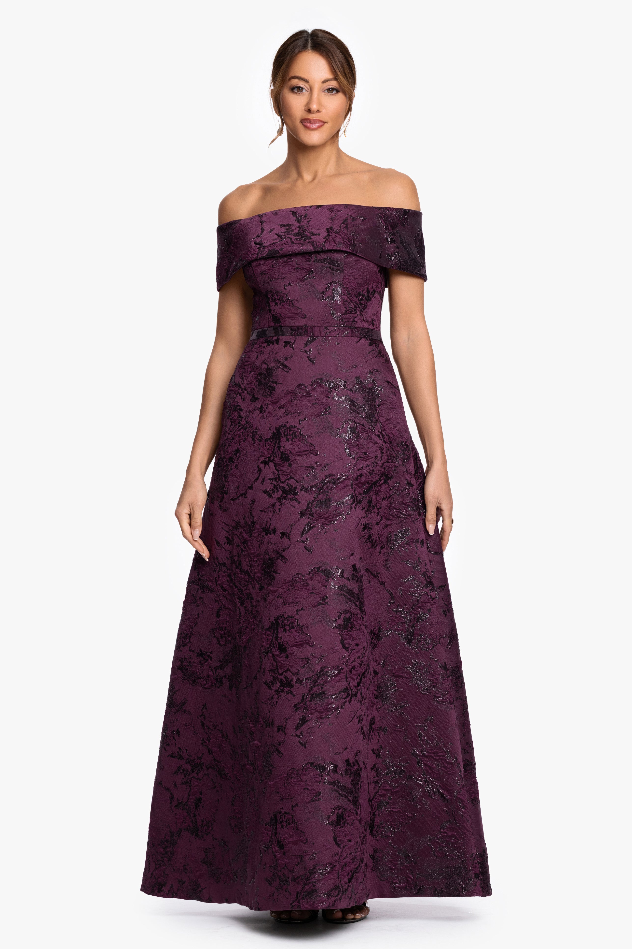 "Emily" Printed Brocade Off The Shoulder Gown