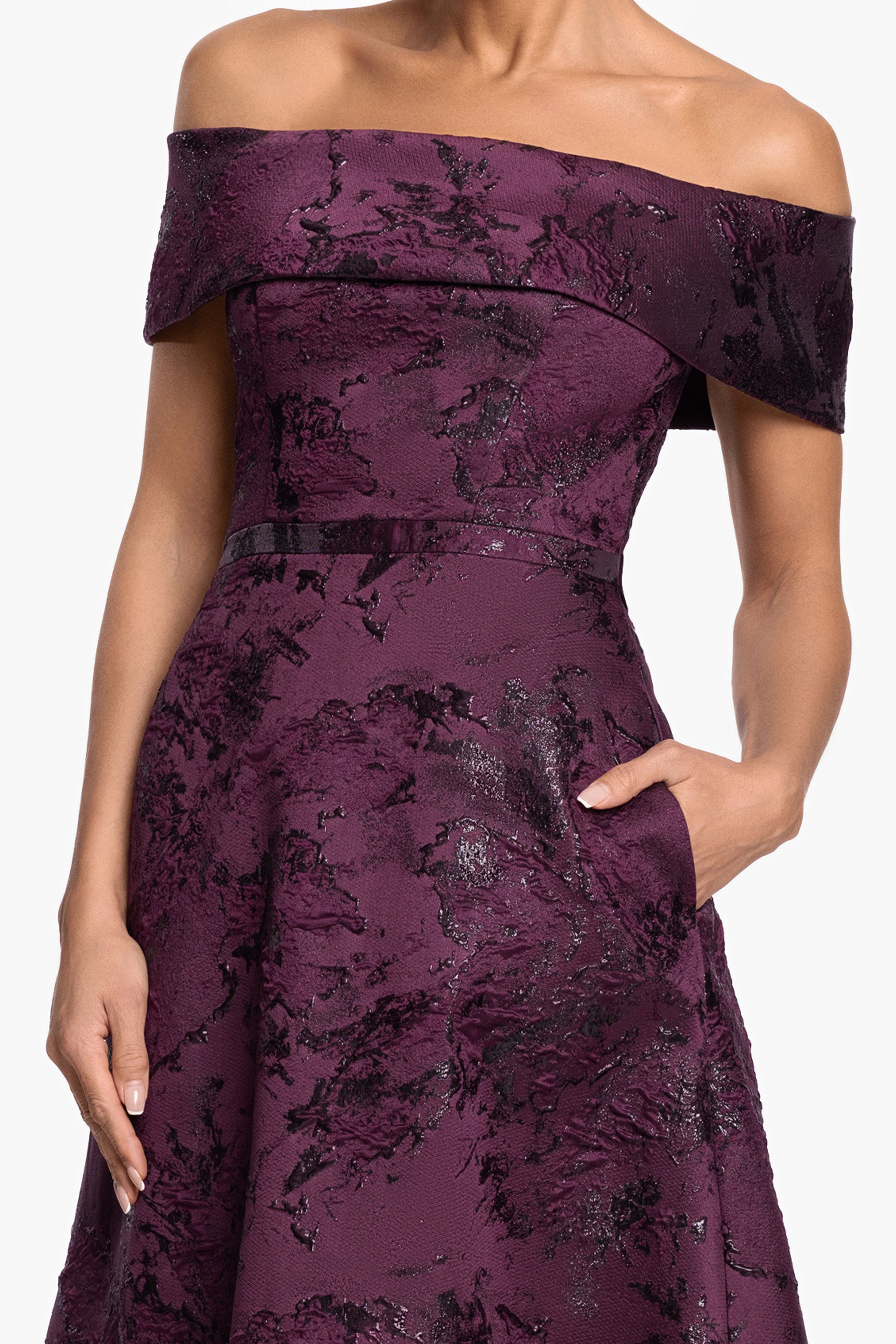 "Emily" Printed Brocade Off The Shoulder Gown