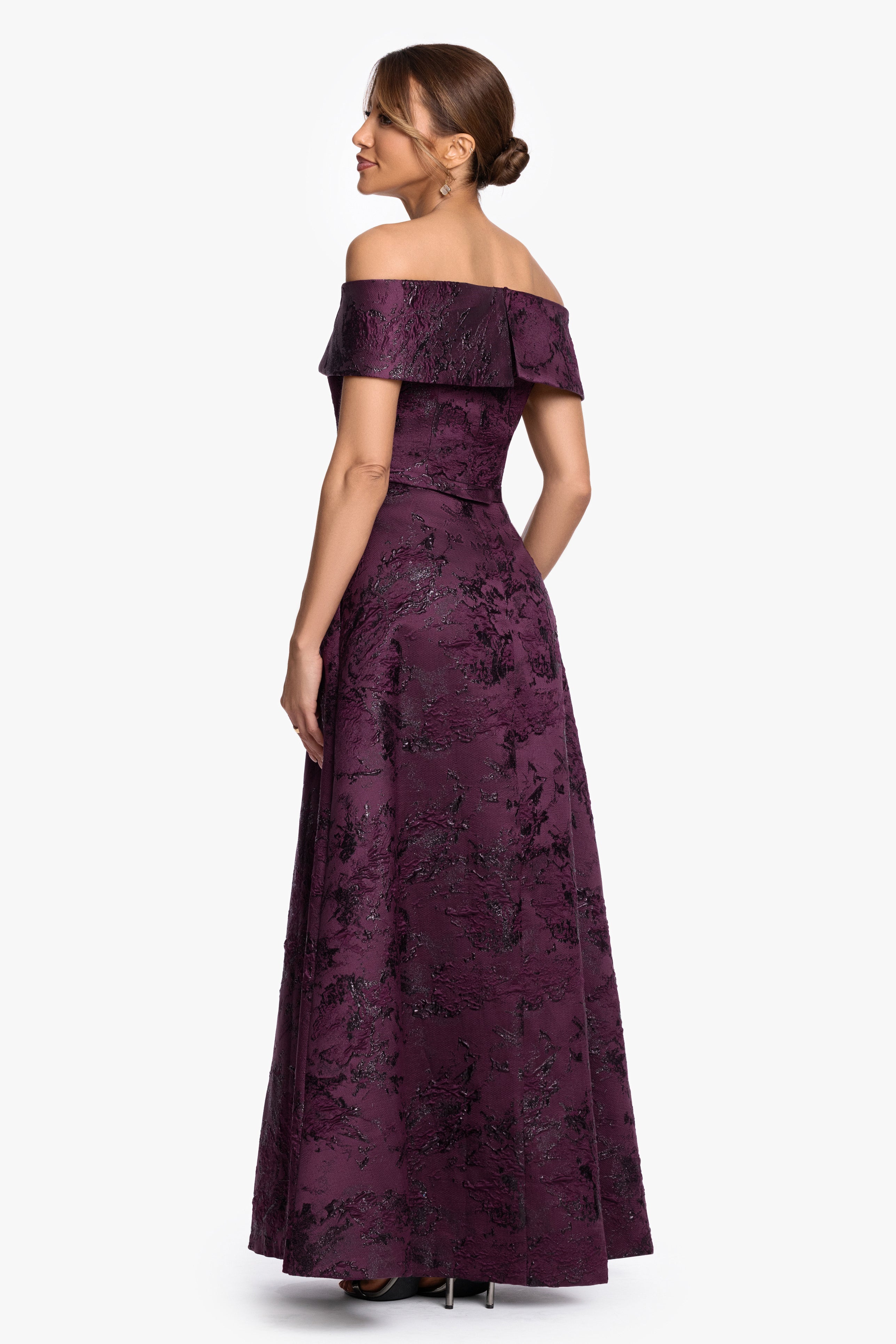 "Emily" Printed Brocade Off The Shoulder Gown