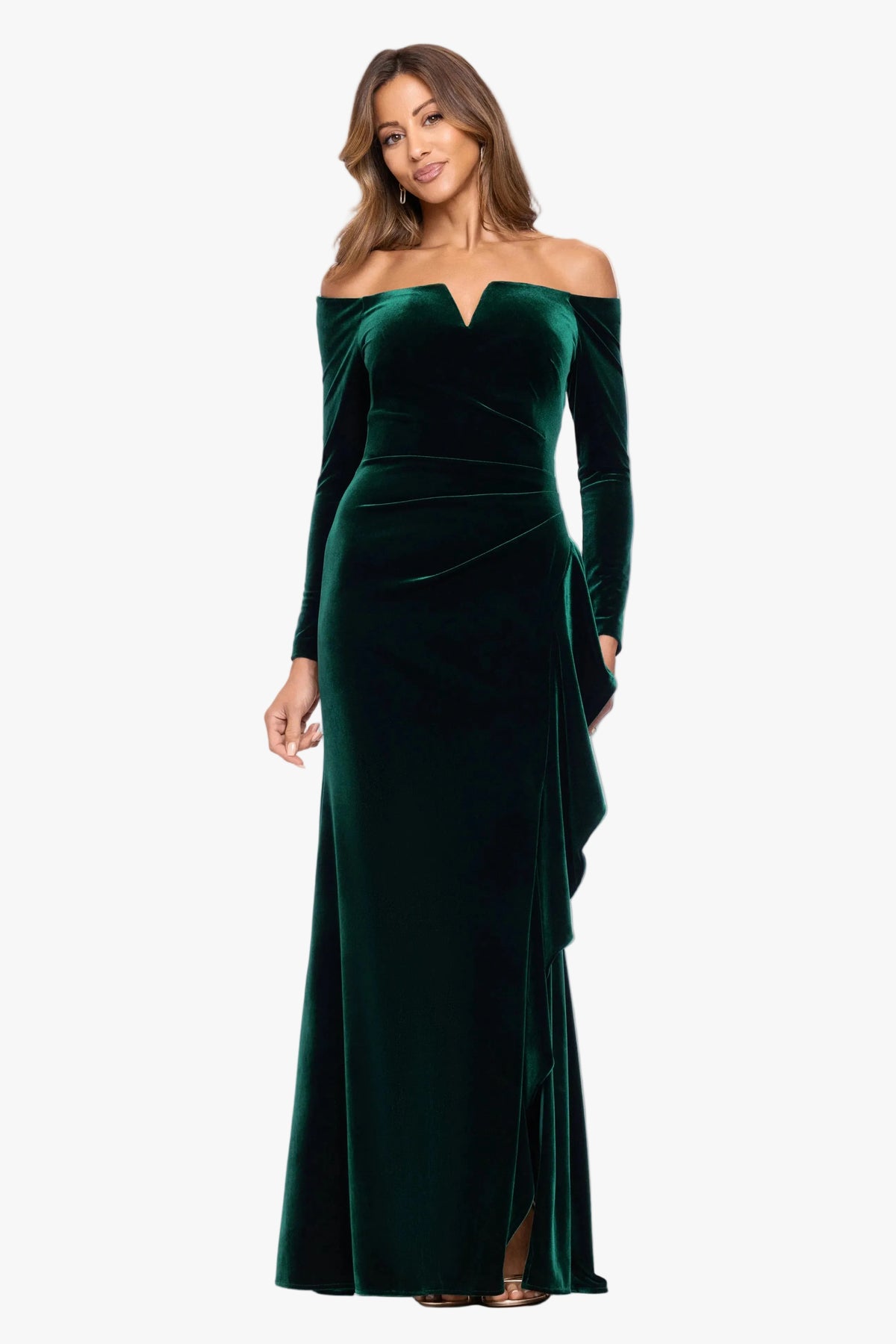 "Marissa" Velvet Off Shoulder Side Ruffle Dress