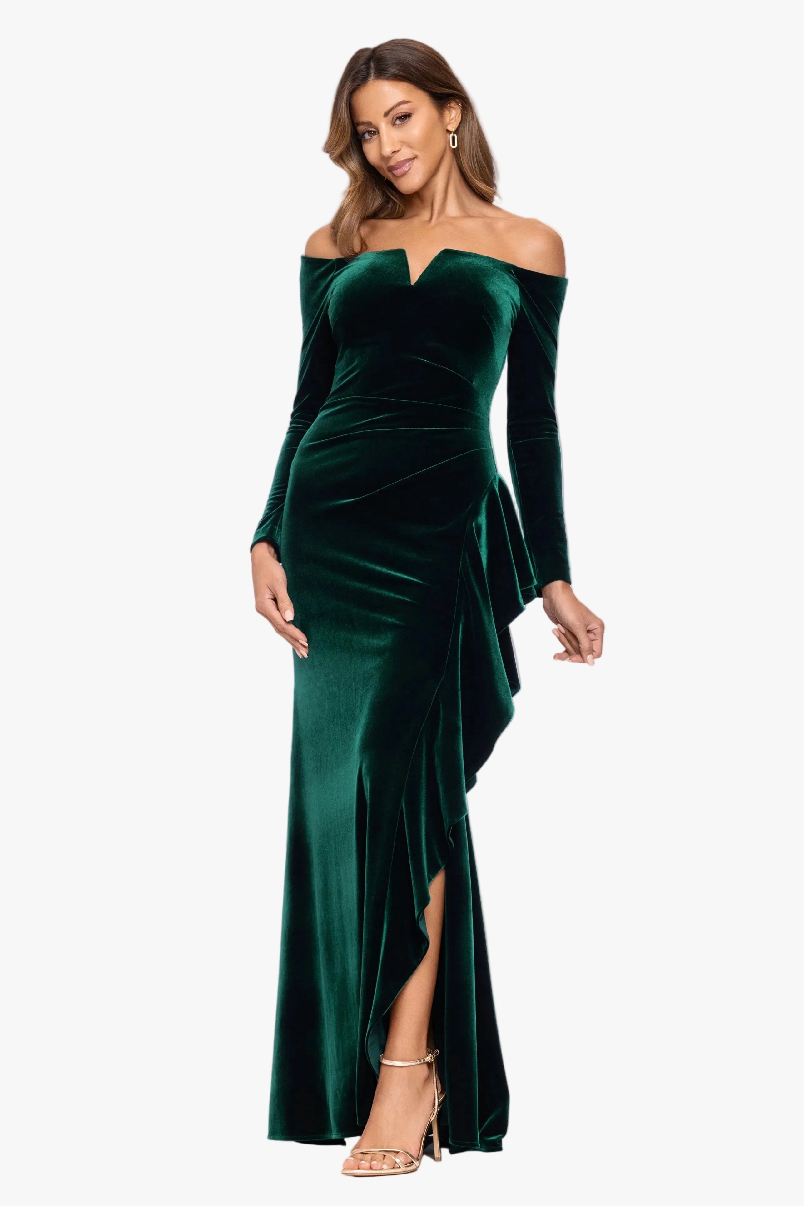 "Marissa" Velvet Off Shoulder Side Ruffle Dress