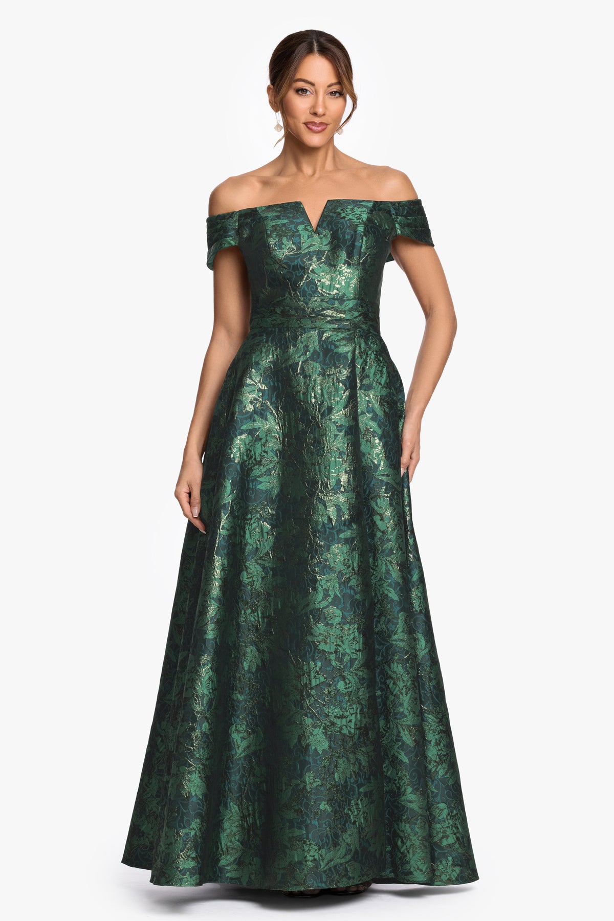 "Esther" Printed Brocade Off Shoulder Gown