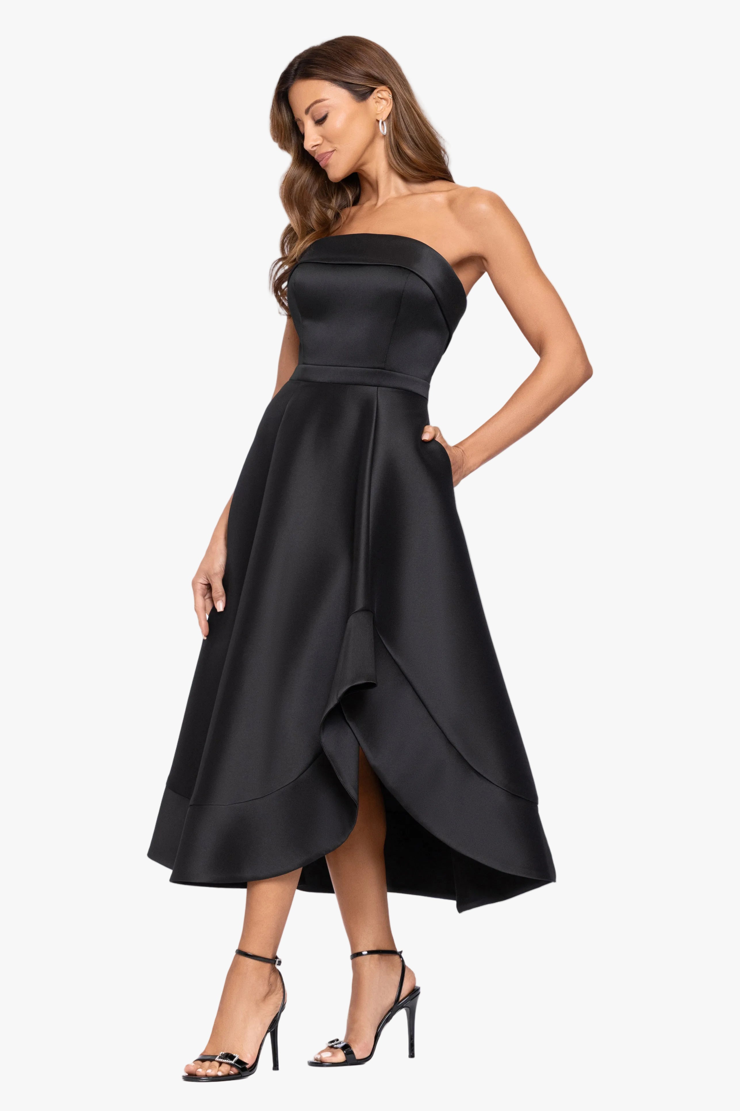 "Claire" Stretch Mikado Strapless Midi Dress