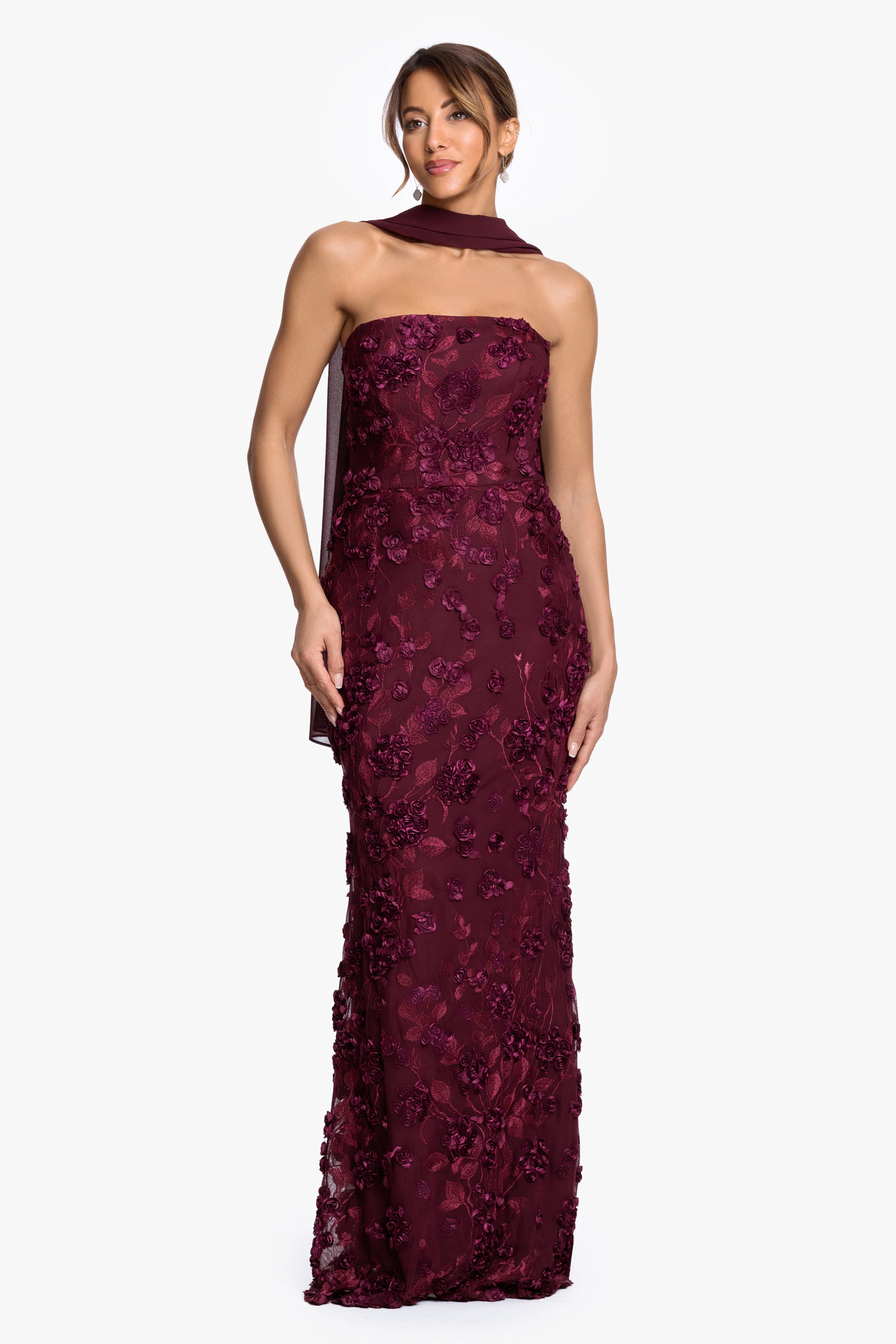 "Stevie" Soutache Mesh Strapless Dress With Chiffon Scarf