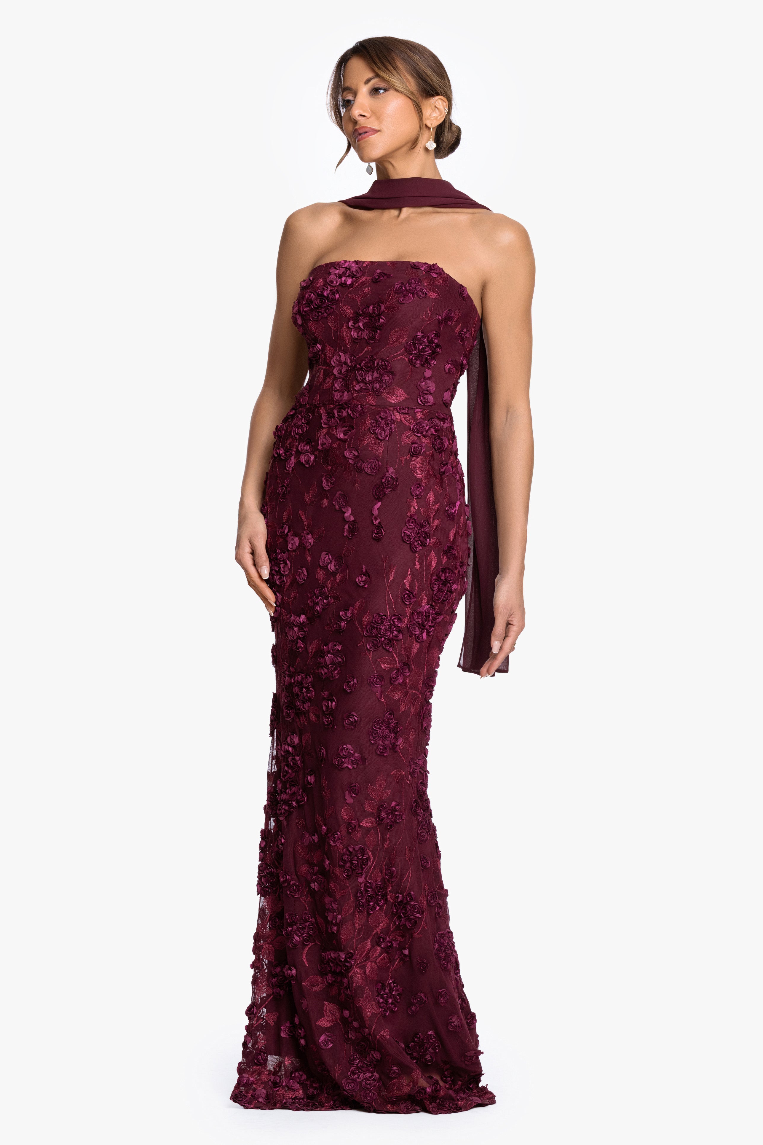 "Stevie" Soutache Mesh Strapless Dress With Chiffon Scarf