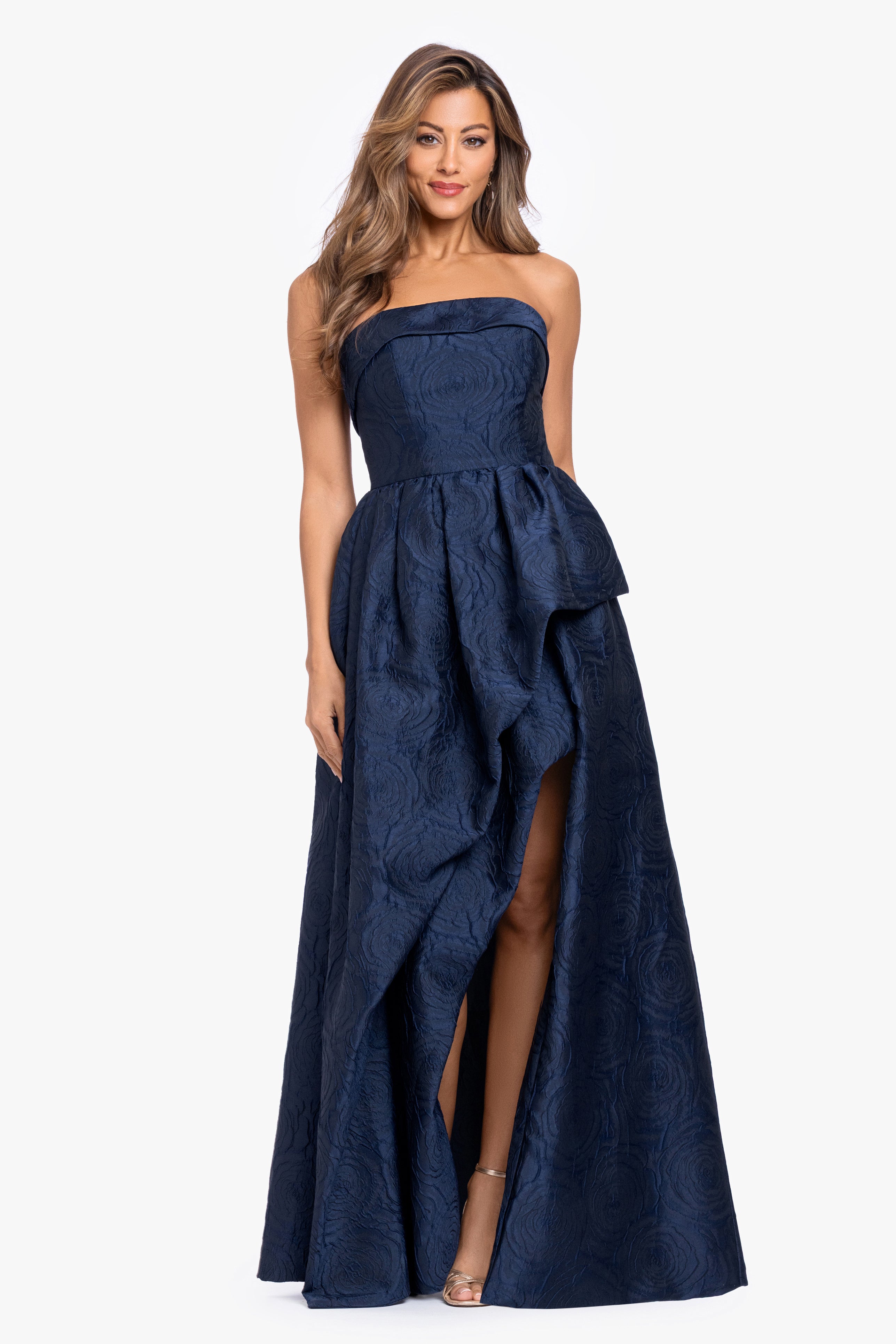 "Theo" Brocade Strapless Ruffle Dress