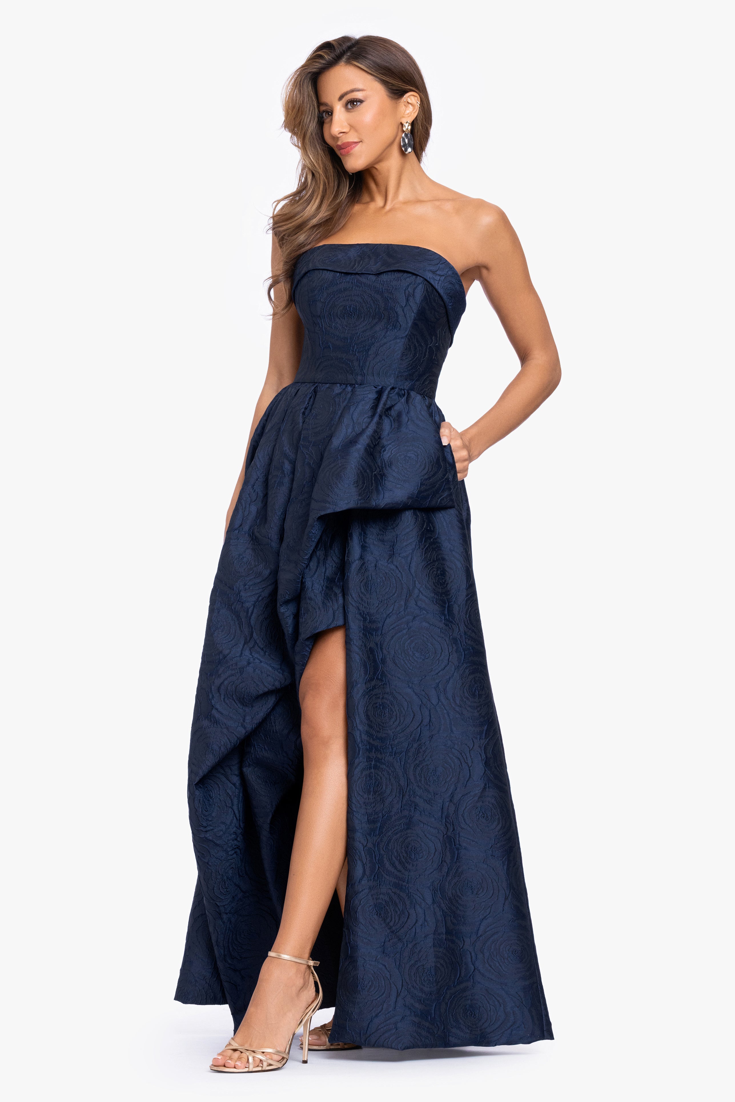 "Theo" Brocade Strapless Ruffle Dress