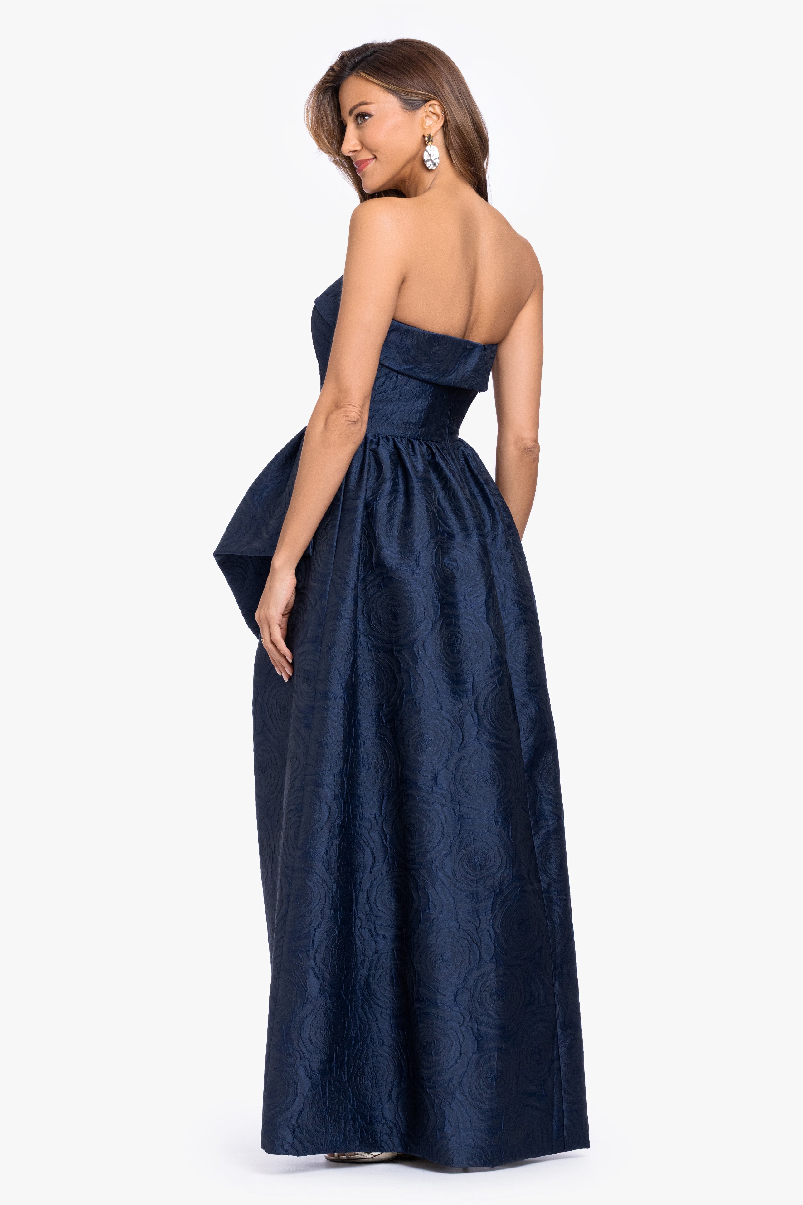 "Theo" Brocade Strapless Ruffle Dress