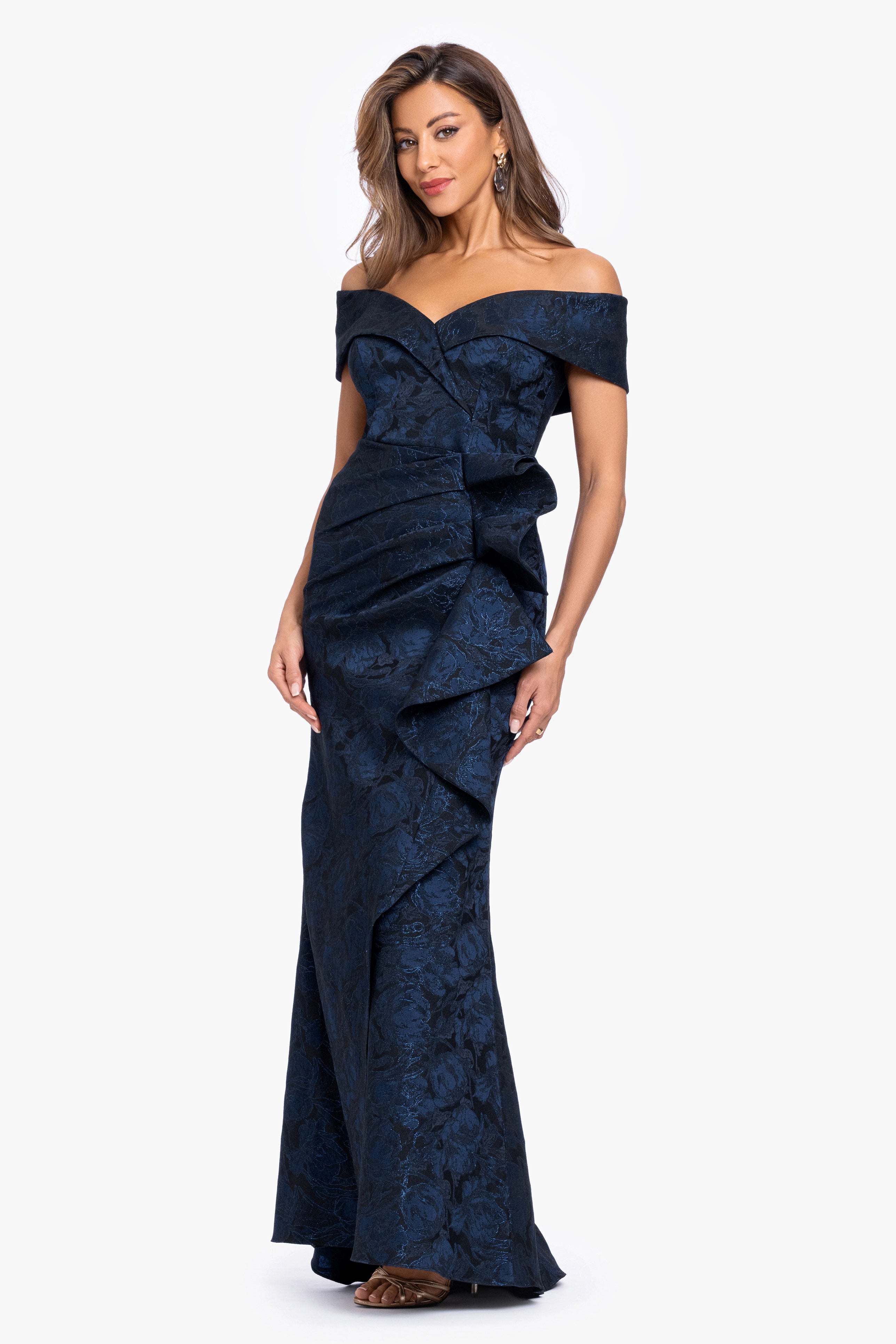 "Bonnie" Brocade Off The Shoulder Side Ruffle