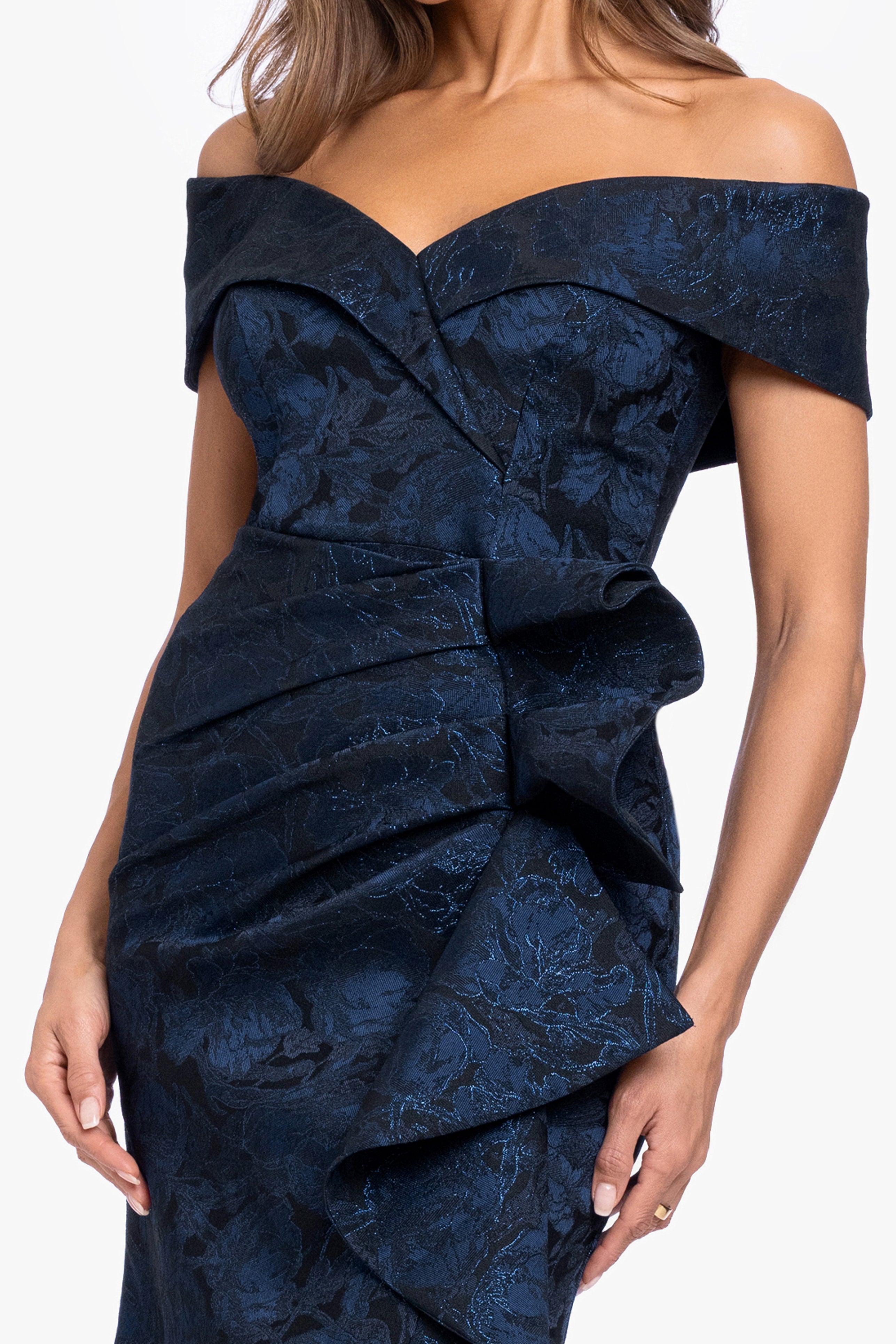 "Bonnie" Brocade Off The Shoulder Side Ruffle