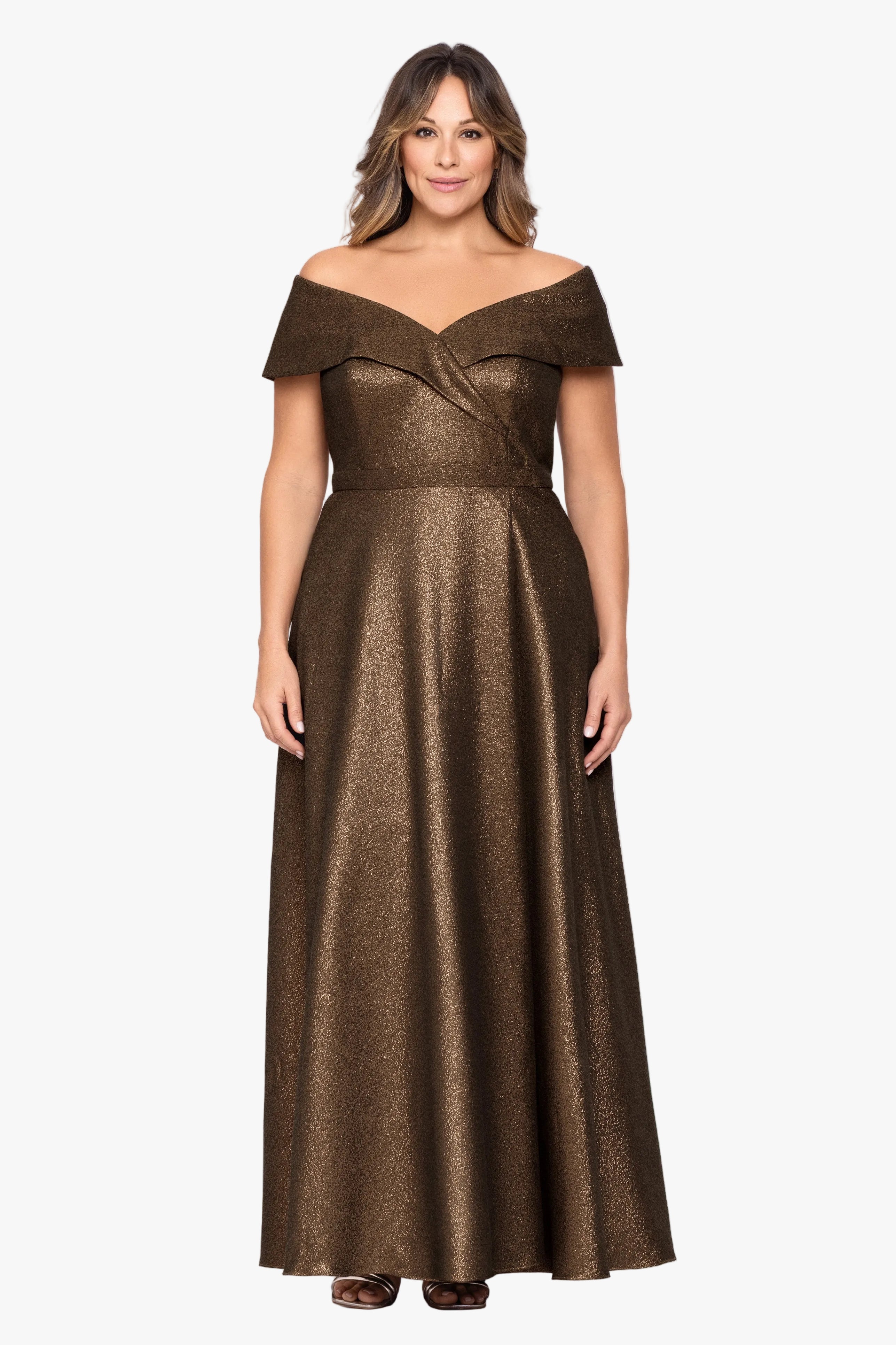 Plus "Julien" Metallic Jacquard Off Shoulder Gown