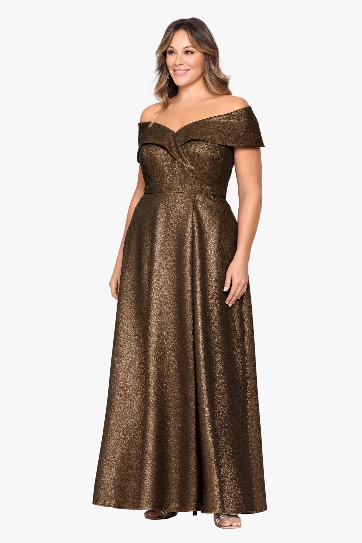 Plus "Julien" Metallic Jacquard Off Shoulder Gown